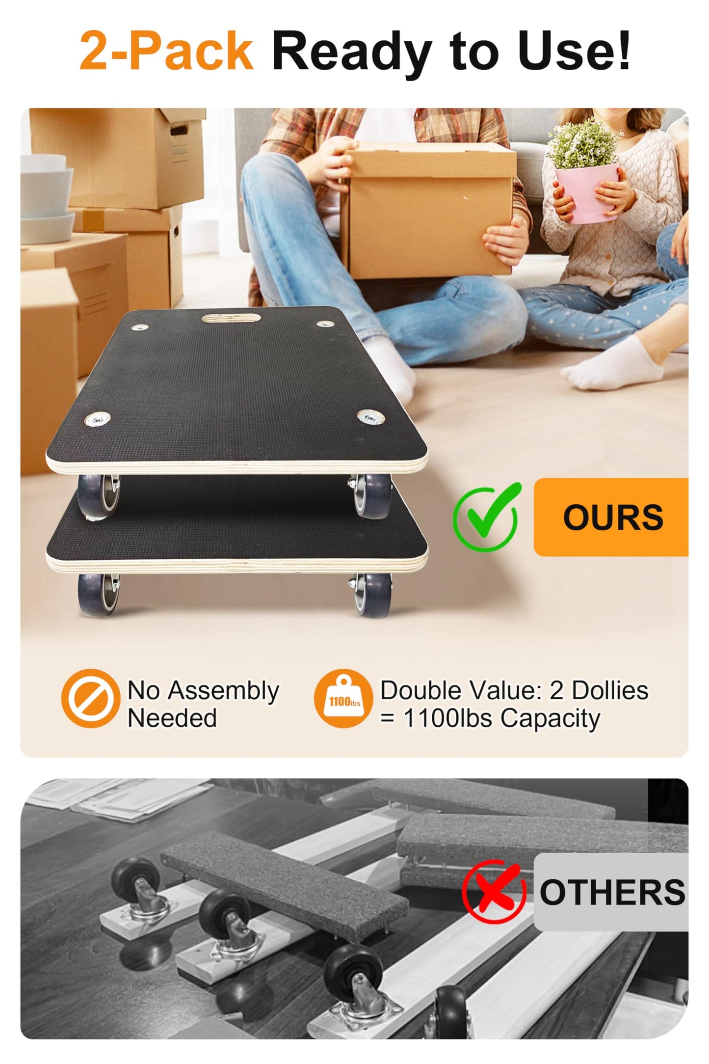 1100LB Heavy Duty Rectangle Moving Dolly Cart - 2-Pack with 3" TPR Silent Wheels, Non-Slip 11-Layer Plywood Platform, No Assembly Needed - for Furniture, Warehouse, Home & Commercial Use