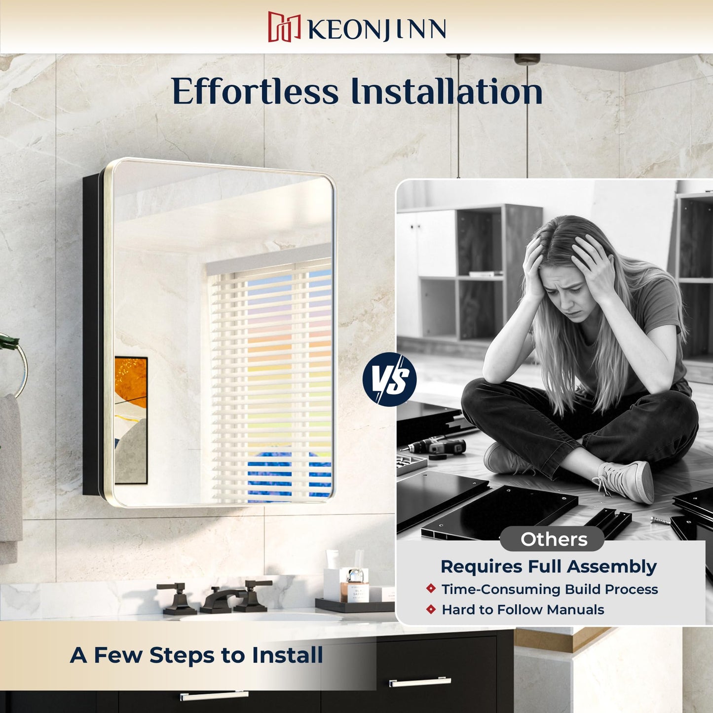 Keonjinn 20 x 26 Inch Brushed Nickel Recessed Medicine Cabinets, Bathroom Mirrored Medicine Cabinet, Brushed Nickel Stainless Steel Framed, Adjustable Shelves, In Wall or Surface Mount, Sturdy, Modern