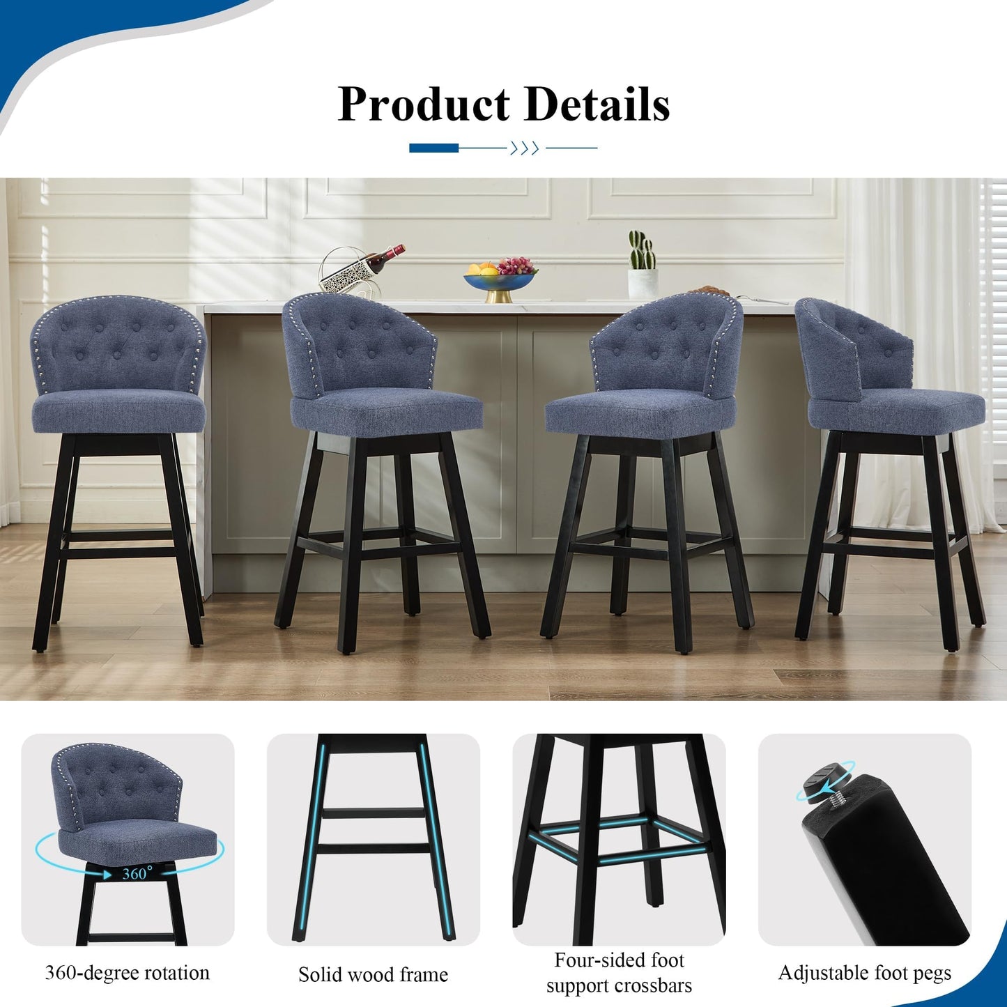 UDAX 26''Swivel Bar Stools Set of 2, Upholstered Barstools with Backs, Modern Counter Height Bar Stool Chairs for Kitchen Island, Wood Legs, Counter Stools