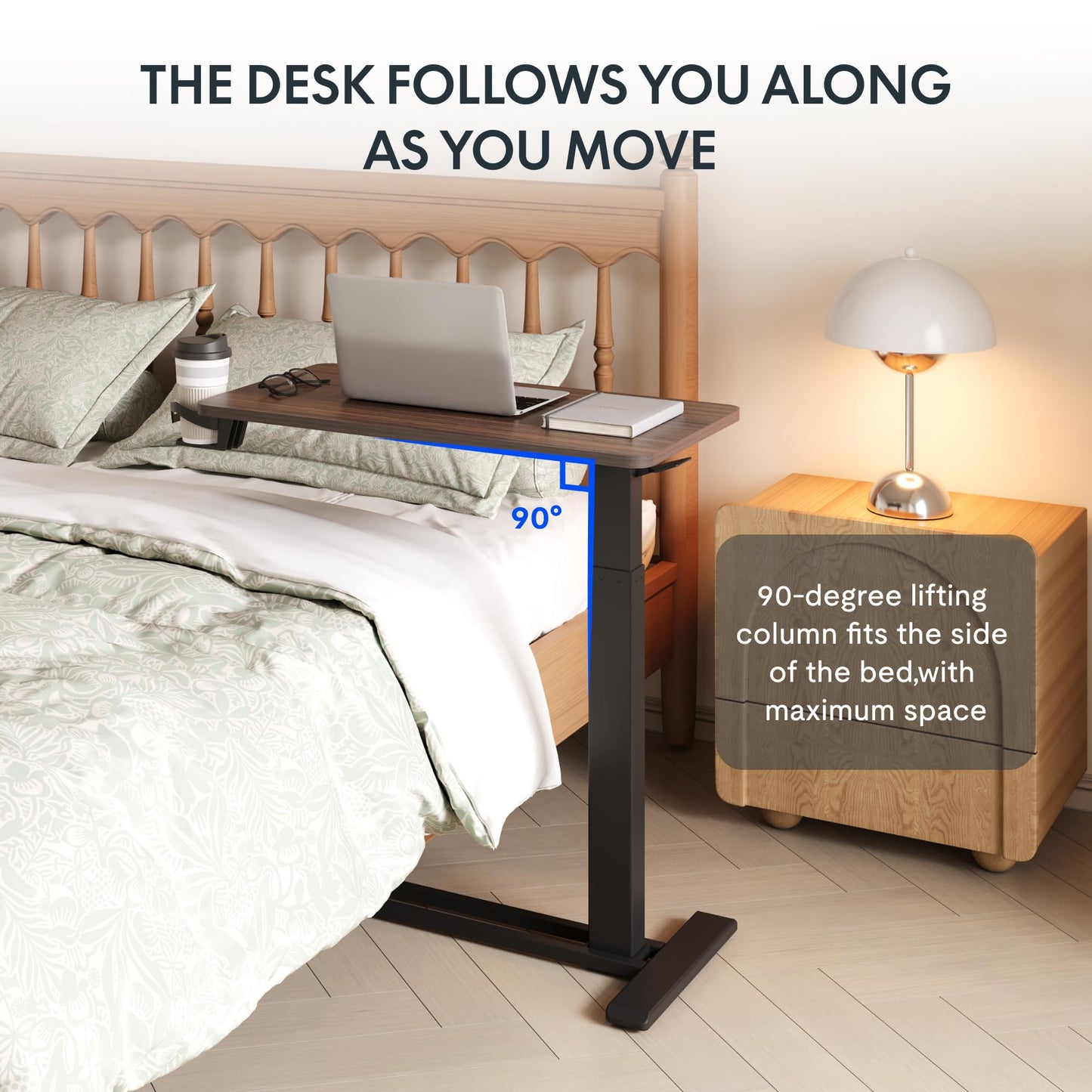FLEXISPOT H7 Adjustable Overbed Bedside Table with Wheels Pneumatic Mobile Standing Desk Laptop Desk Rolling Computer Cart Movable Table Hospital Home Use(27.6" W x 15.7" D, Mahogany Table)