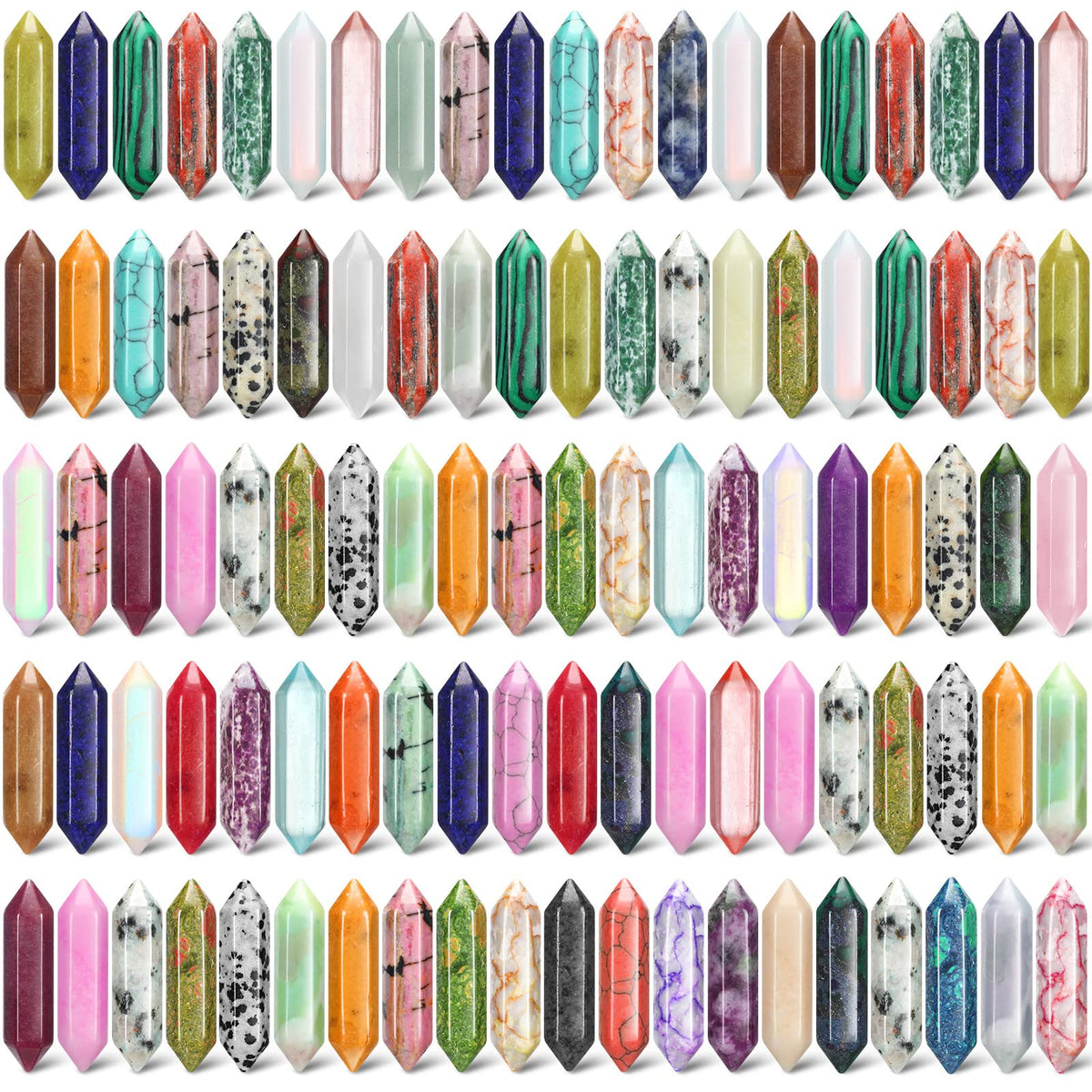 Nuenen 100 Pcs Healing Crystals Stones Sets, Hexagonal Bullet Shaped Wand Stones Bulk Gemstone Amethyst Chakra Crystals for Witchcraft Meditation Divination Fathers Day Gifts Women