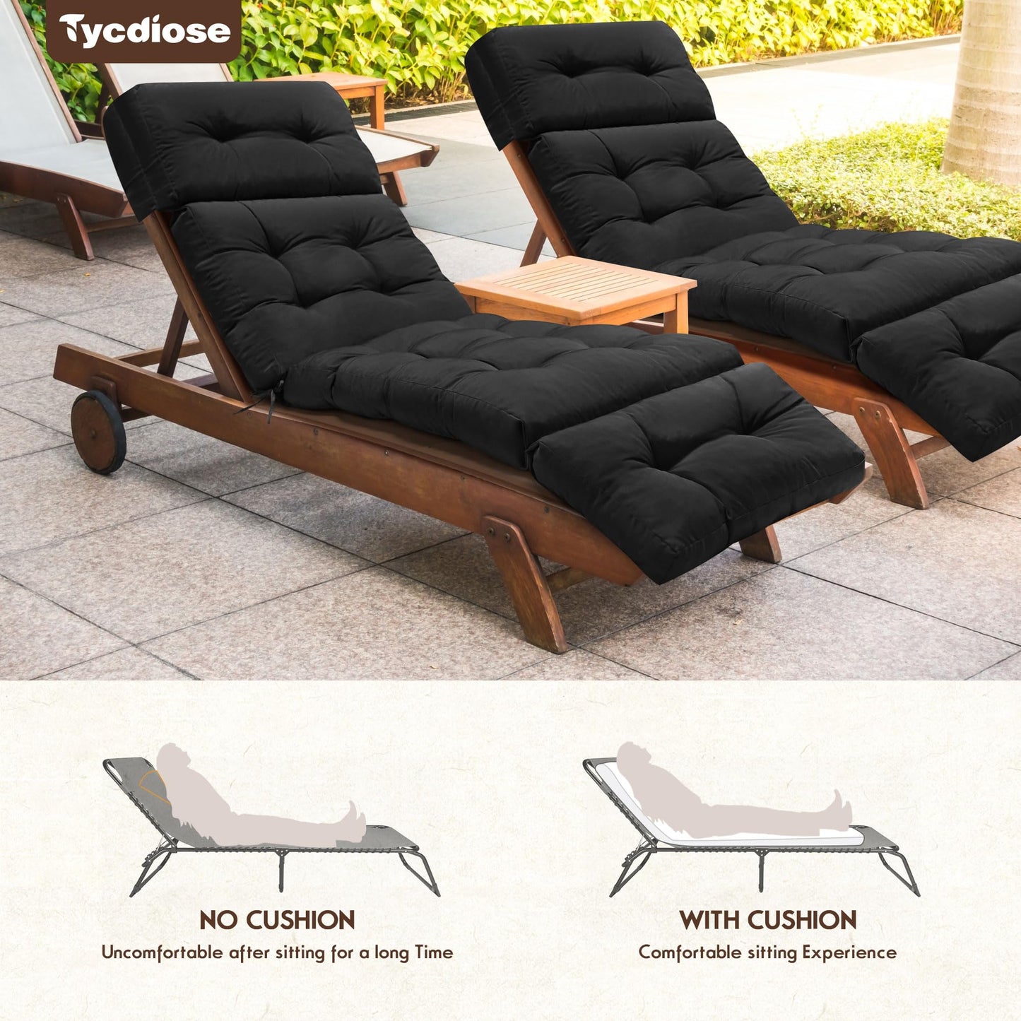 Tycdiose Outdoor Chaise Lounge Chair Cushion Replacement 74.4 x 22 x 4.7 Inches Memory Foam Waterproof Lounge Chair Cushions for Outdoor Furniture with Ties, Thickened Lounge Chair Cushions, Black