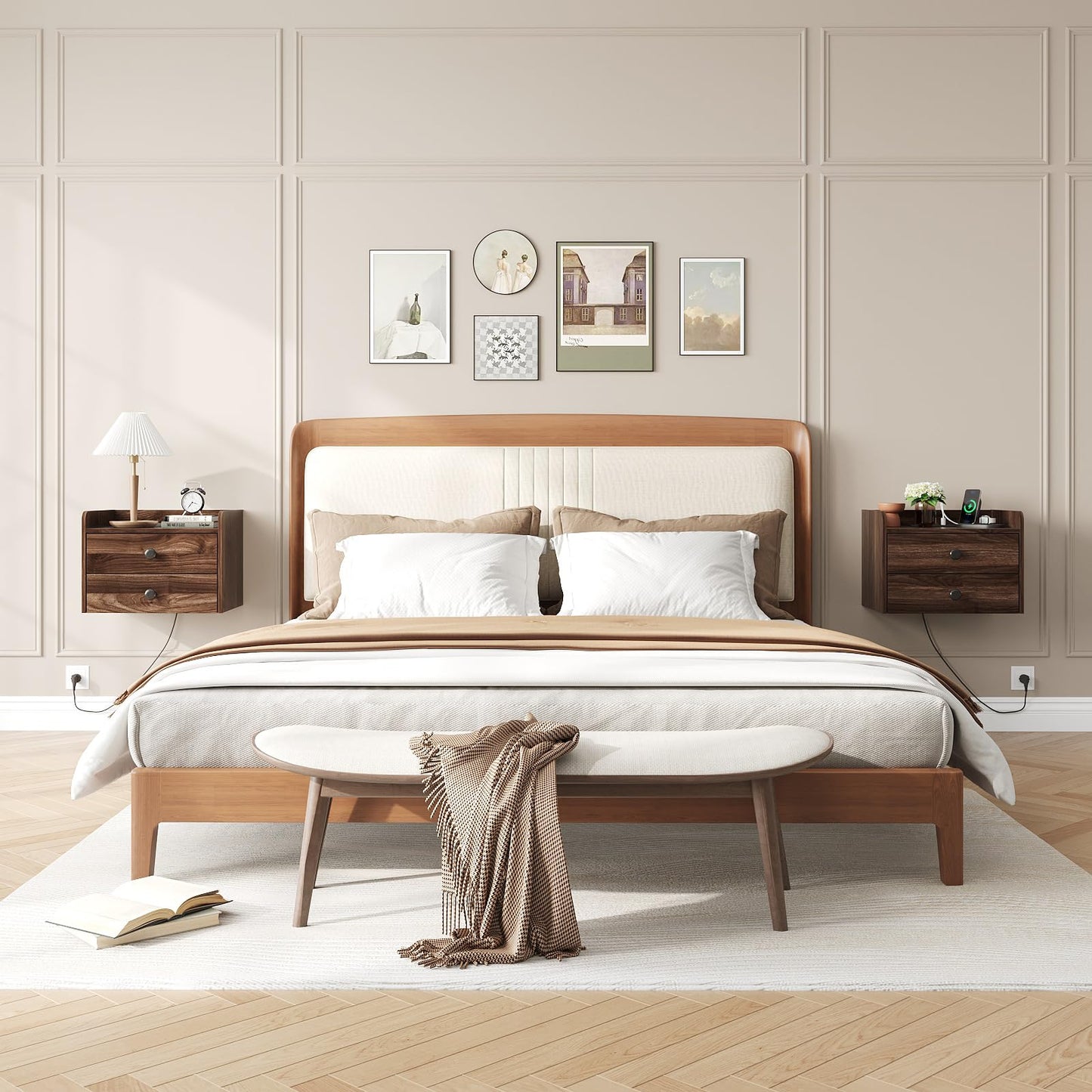 Floating Nightstand Set of 2 with 2 Storage Drawers and Charging Station Wood Wall Mounted Bedside End Table Modern Night Stands Set 2 for Bedroom,Small Space,Brown Walnut