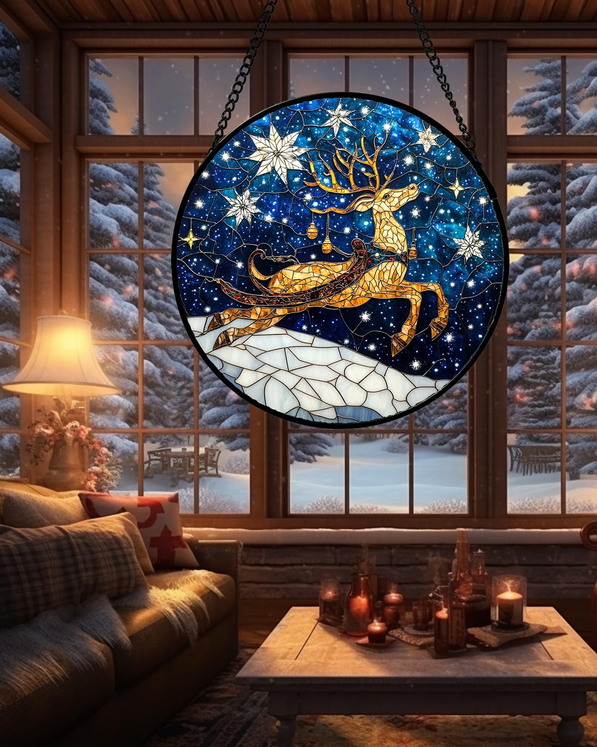 HWRHTR Stained Glass Window Hanging - Reindeer Blue Starry Sky Suncatcher for Doors Home Christmas Decoration Winter Sun Catcher Thanksgiving New Year Birthday Gifts for Women Men Mom Nana 7.8 in