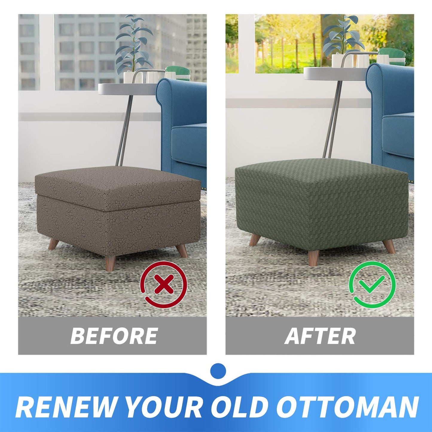 MAXIJIN Jacquard Ottoman Cover Slipcovers Folding Storage Stool Furniture Protector Cover Soft Thick Rectangle Foot Rest Slipcover with Elastic Bottom (Ottoman X-Large, Army Green)