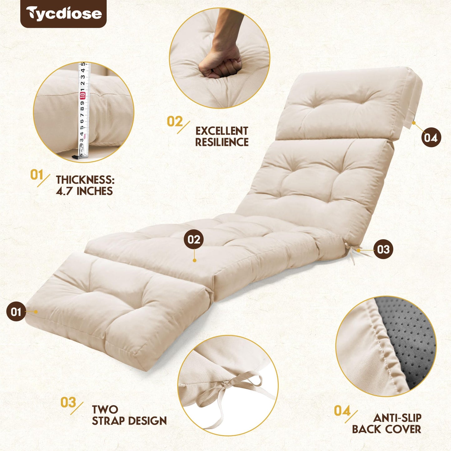Tycdiose Outdoor Chaise Lounge Chair Cushion Waterproof 74.4 x 22 x 4.7 Inches Memory Foam Lounge Chair Cushions Replacement for Outdoor Furniture with Ties, Thickened Pool Lounge Chair Cushion, Beige