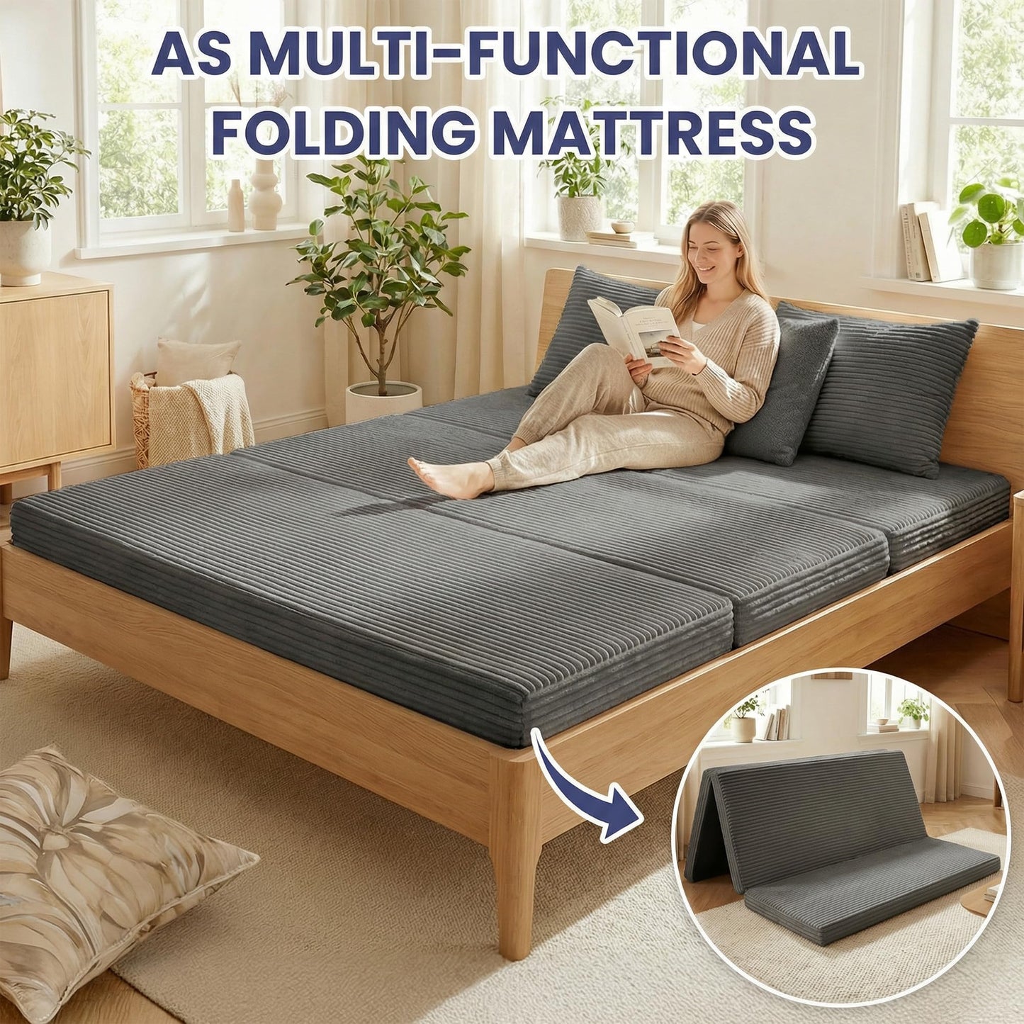 Winzoo Convertible Sofa Bed, 4-in-1 Boneless Loveseat with Removable Armrests Backrest, Corduroy Futon Couch Bed with Pillow, Foldable Mattress Sleeper Sofa for Living Room Bedroom Small Place (Grey)