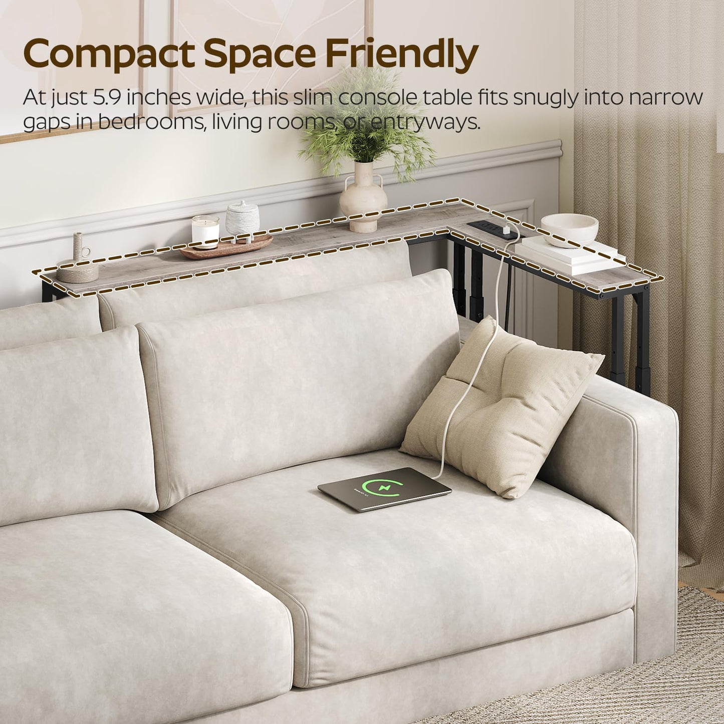 YATINEY 70.9" Narrow Console Table with Adjustable Height (27.6"-35.4"), L Shaped Sofa Table Narrow Long, Skinny Behind Couch Table with USB-C Ports, 5.9" Wide Sofa Side Table, Greige CT28UBG