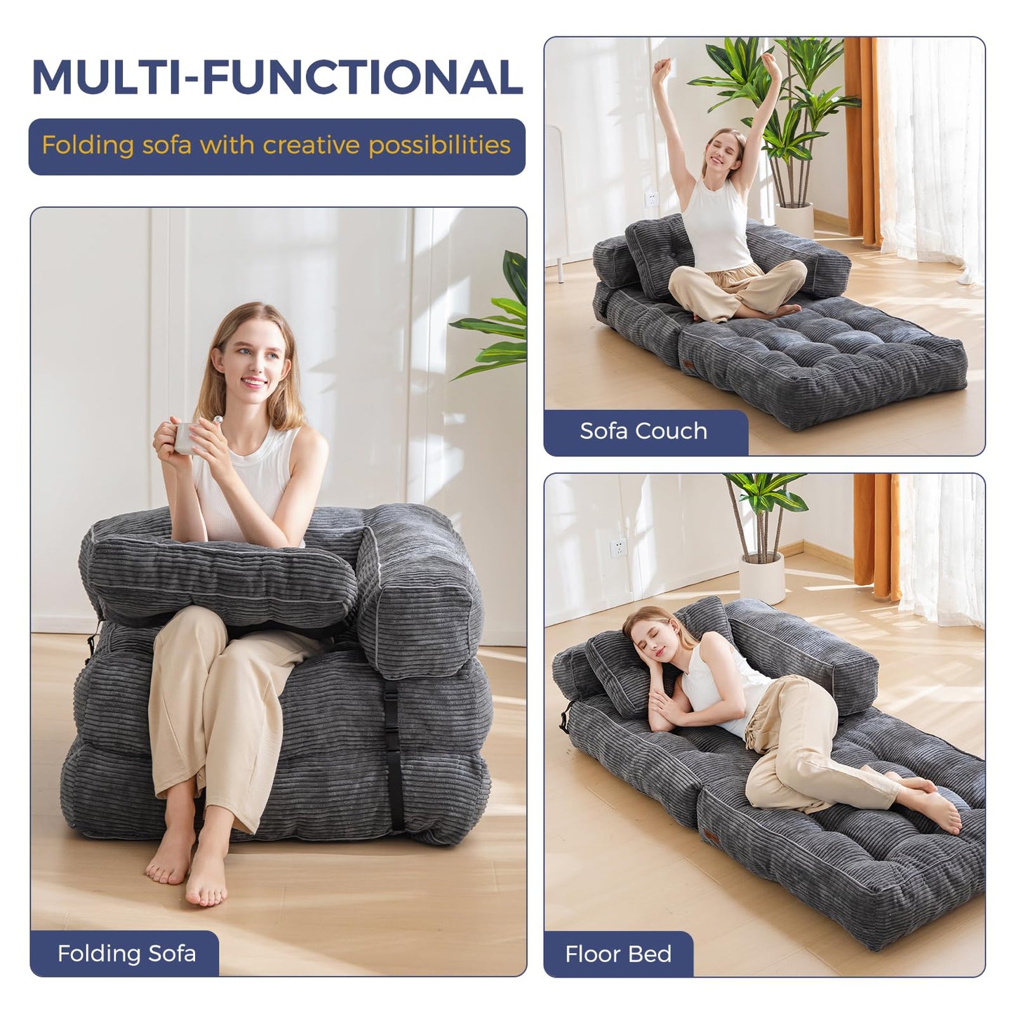 MAXYOYO Folding Sofa Bed, L-Shaped Convertible Sofa Bed with Armrest Foldable Sleeper Sofa with Pillow, Portable Fold Out Chair Bed Comfy Floor Lounge for Living Room Bedroom, Dark Grey