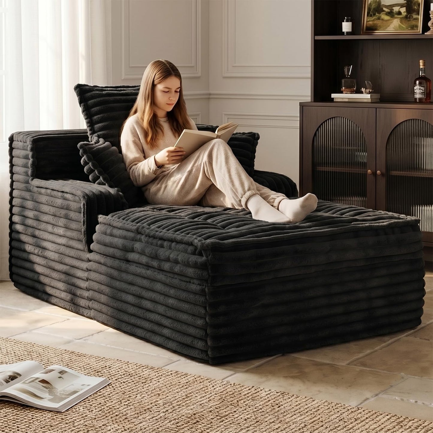 feliz home Boneless Chaise Lounge Couch Indoor, Small Corduroy Upholstered Sleeper Sofa Bed Reading Chairs with 3 Pillows, Fluffy Comfy Cloud Sofas Couches, Compression Boneless Sofa for Small Corner