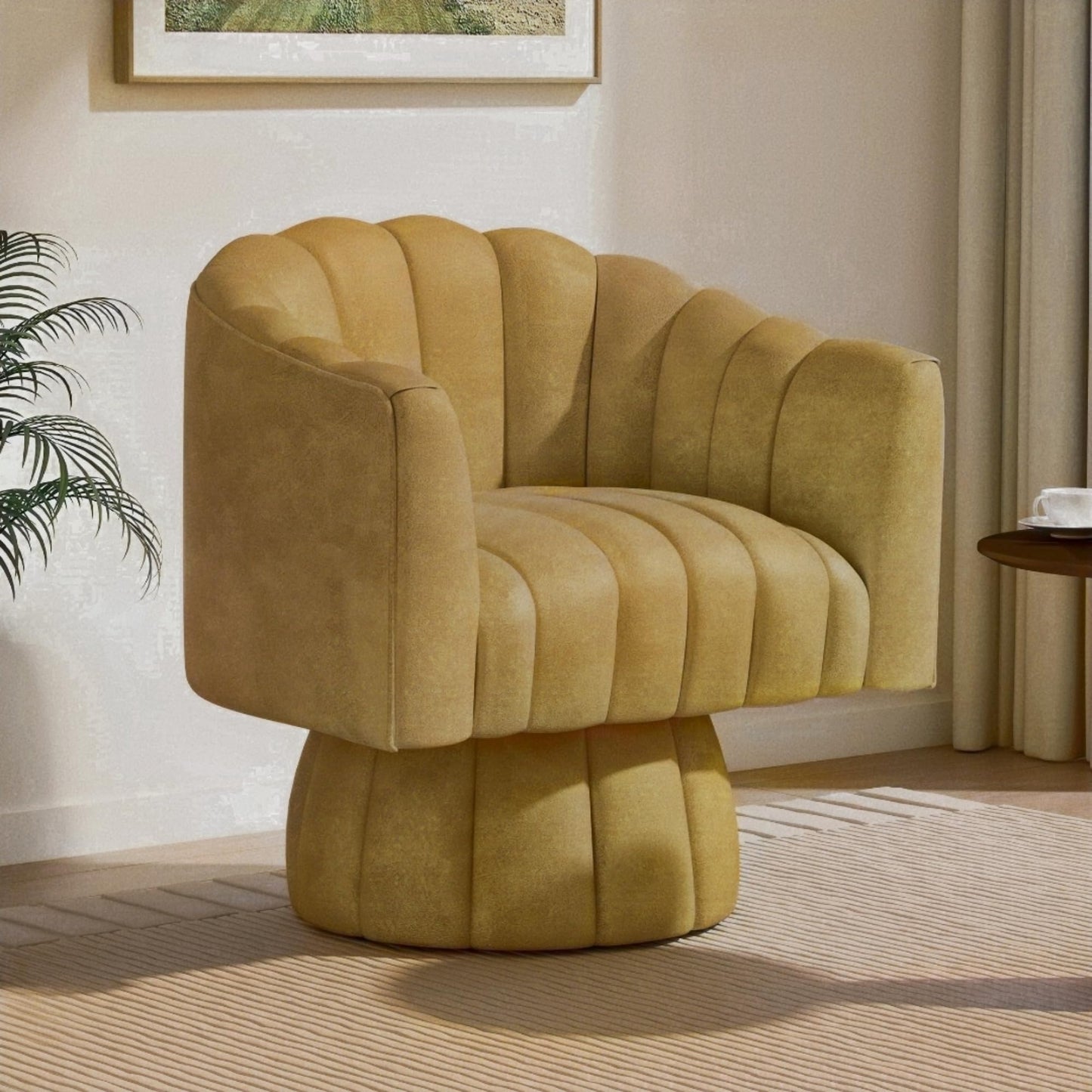 Dewhut Swivel Accent Chair, 360° Swivel Barrel Chair with Armrest, Faux Leather Upholstered Single Sofa Reading Chair for Living Room,Bedroom,Waiting Room(Mustard)