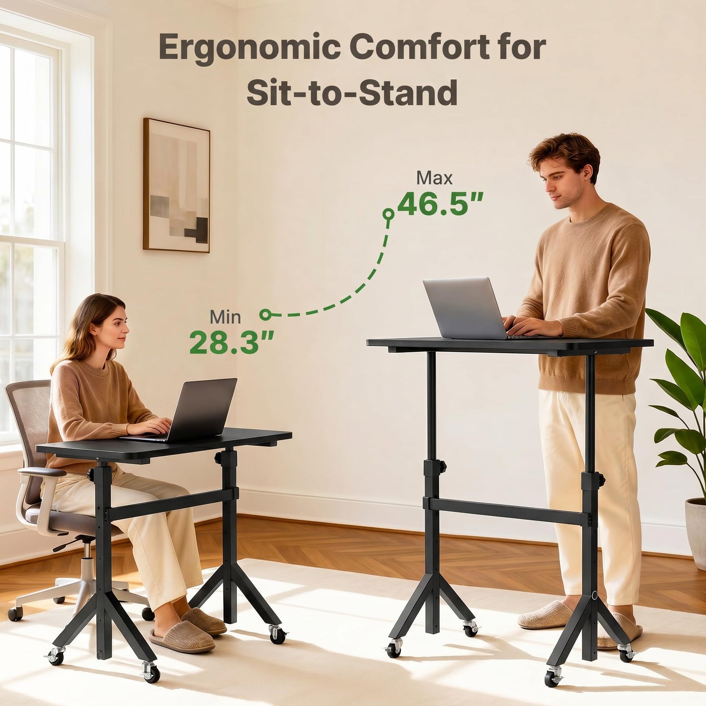 Marsail Mobile Stand Up Desk with Wheels, Adjustable Height Desk from 28.3″ to 46.5″, Rolling Standing Desk with Lockable Wheels, Portable Small Desk for Walking Pad and Treadmill, Black