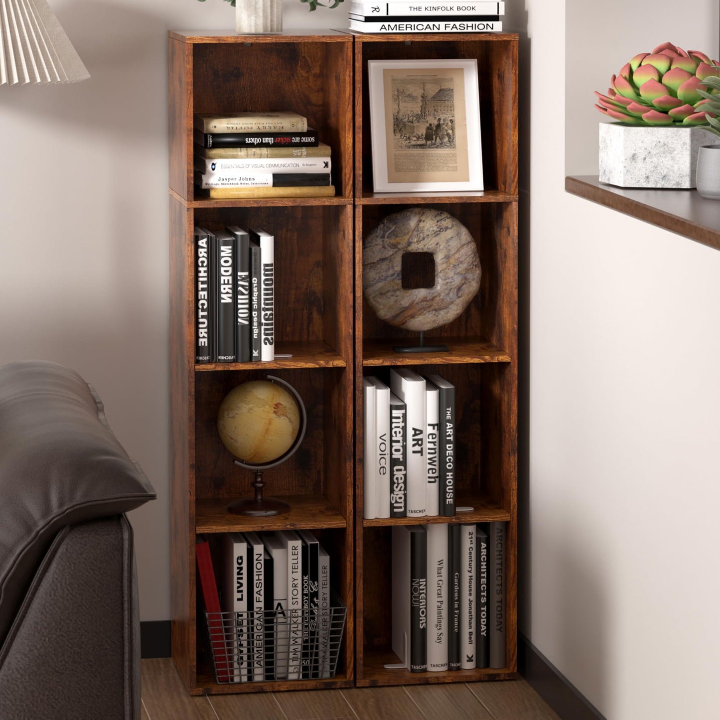 NewBeth Cube Storage Organizer, 4 Cube Retro Bookshelf, Freestanding 4 Tier Open Shelf, Rustic Brown Retro Shelves for Home Office, Bedroom, Living Room, Study