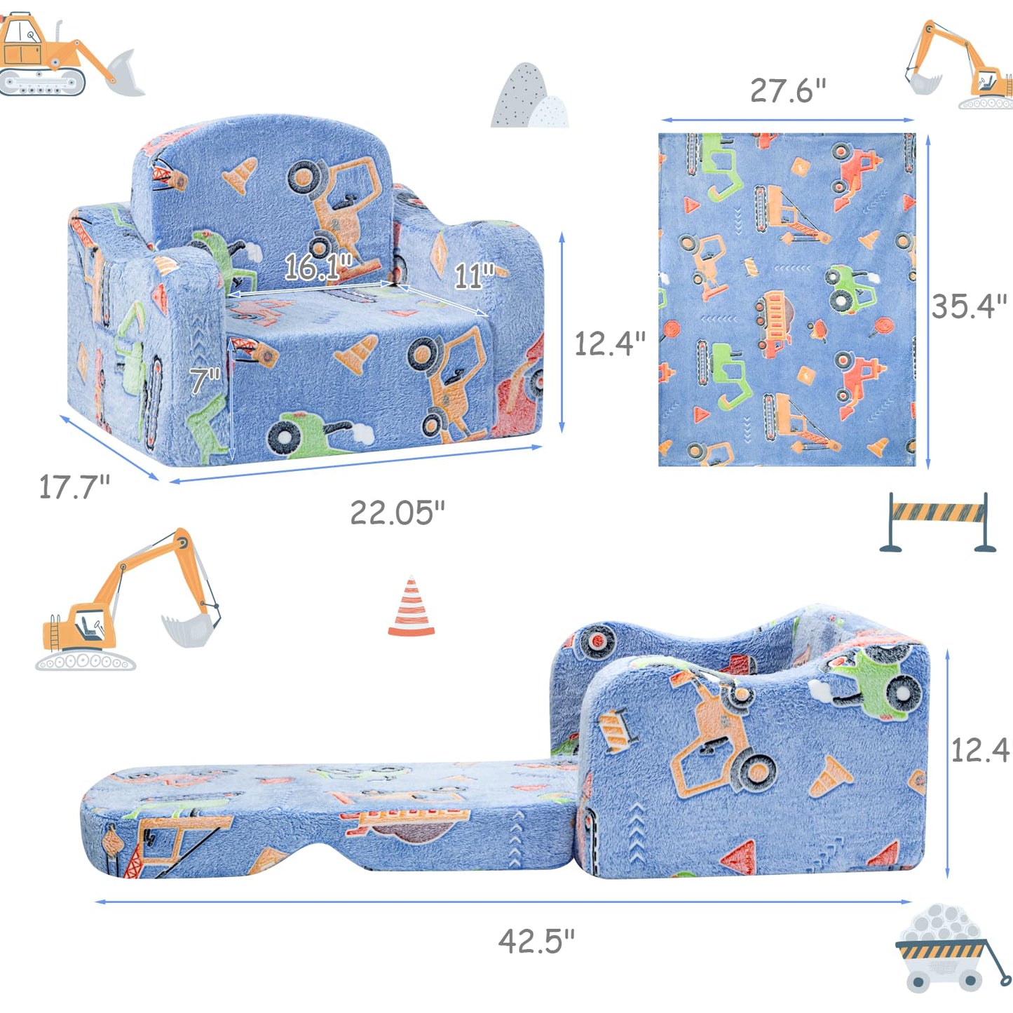 Airpanda Comfy Kids Chair and Couch with Blanket,2-in-1 Soft Fold Out Couch for Girls and Boys,Convertible Sofa Chair for Playroom,Car Excavator