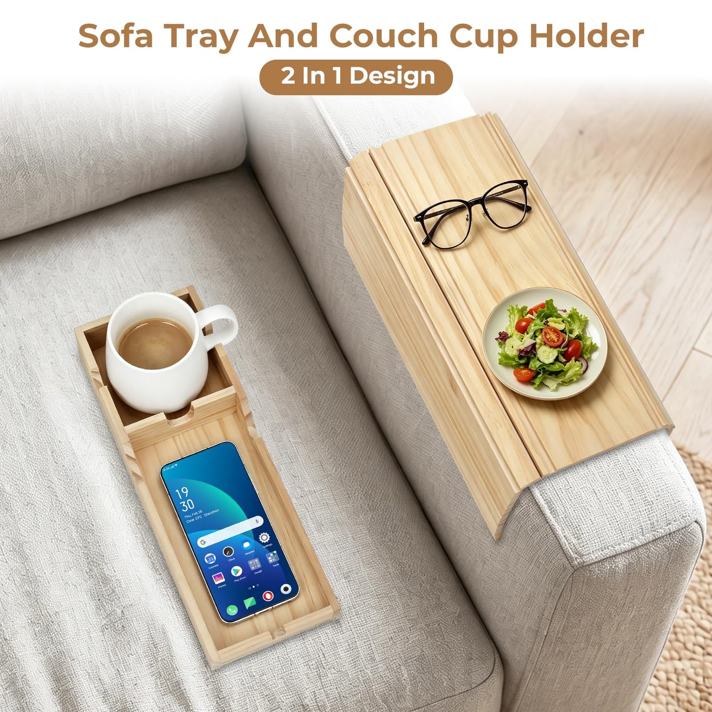 Bamboo Wood Sofa Armrest Tray, Couch Arm Tray with Detachable Couch Cup Holder, 2 in 1 Anti-Slip Foldable Sofa Armchair Caddy Table for Tea TV Remote Cellphone Snacks