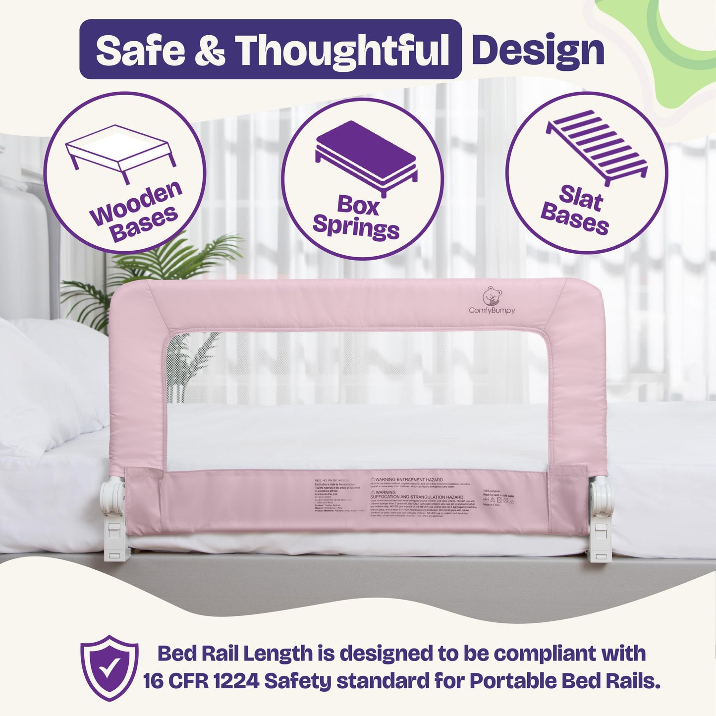 ComfyBumpy 1-Pack Bed Rail for Toddlers 35.5" L x 19.5" H | Toddler Bed Rails for Twin, Full & Toddler Bed Size | Swing Down Bed Rail Guard | Baby Bed Side Rail for Kids | Pink