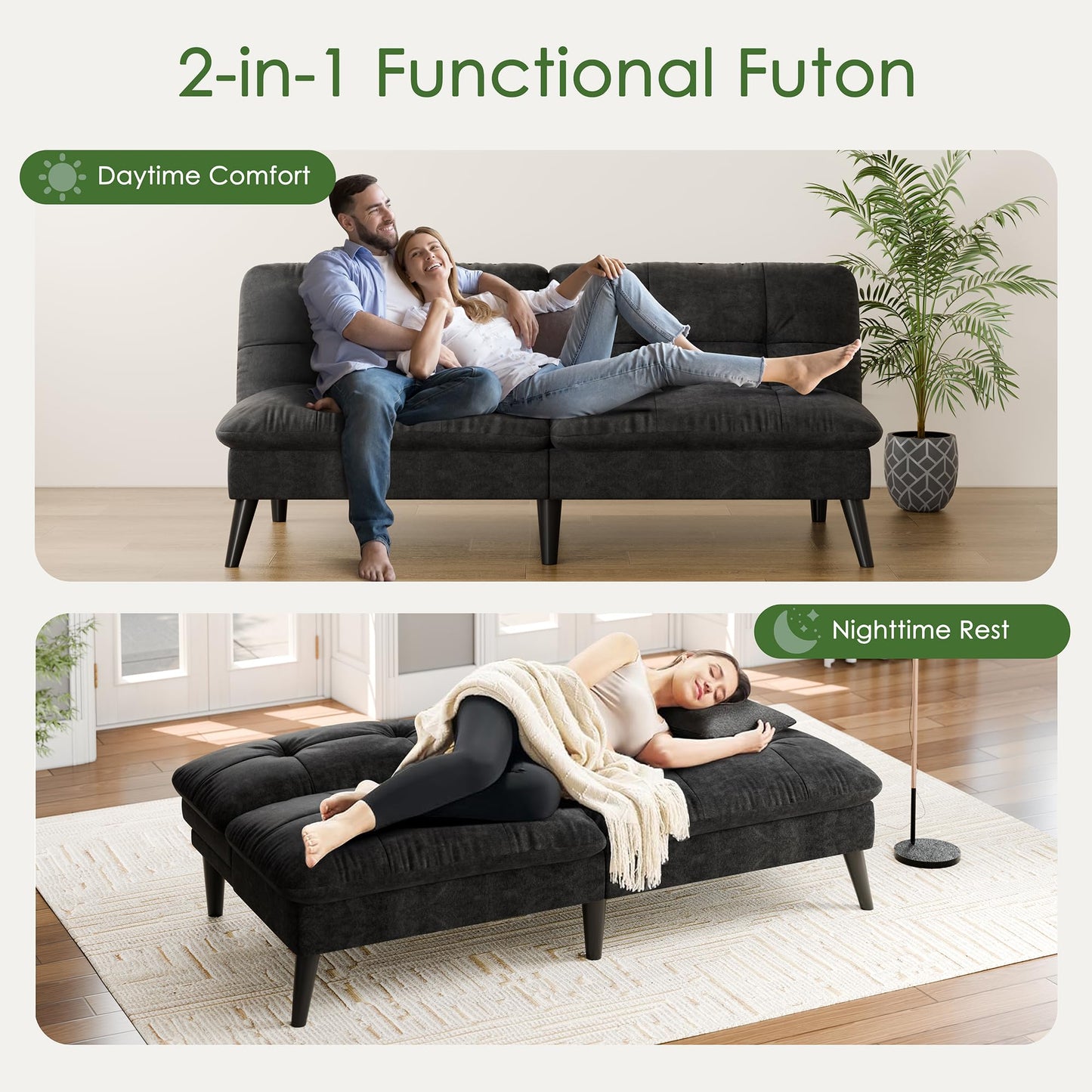 Vongrasig Futon Sofa Bed Velvet Futon Couch with Adjustable Backrest, Small Convertible Folding Sleeper Sofa Bed, Modern Loveseat for Living Room, Bedroom and Small Space, (Black)
