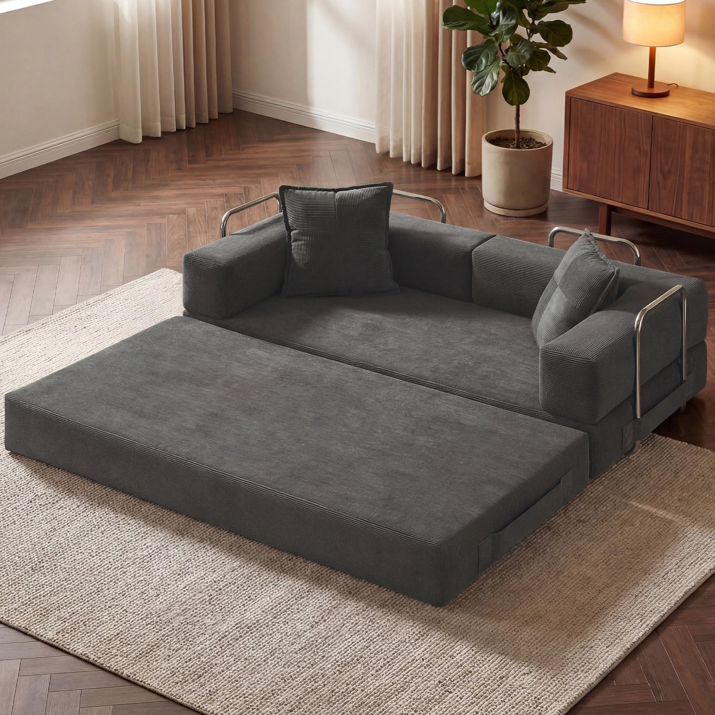 GRUSIGN 78 Inch Convertible Sofa Bed, 5-in-1 Futon Sofa Bed Pull Out Couch, Boneless Couch Bed for Living Room, Corduroy Boneless Couches for Bedroom, Apartment, No Assembly Sleeper Sofa Bed, Gray