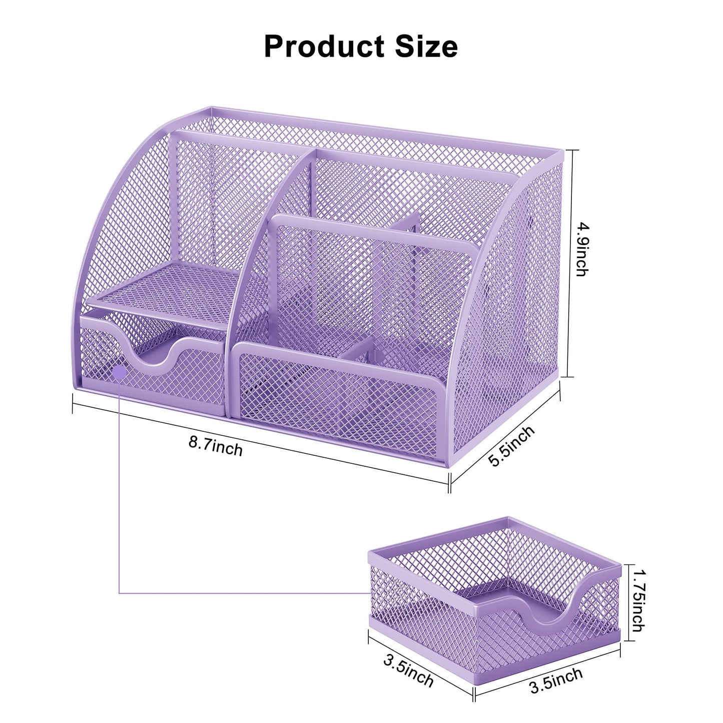 EasyPAG Mesh Desk Organizer with Drawer Multi-functional Pen Holder Stationery Organizer for Office School Supplies 6 Compartments Dorm Organizers and Storage for Desk, Light Purple