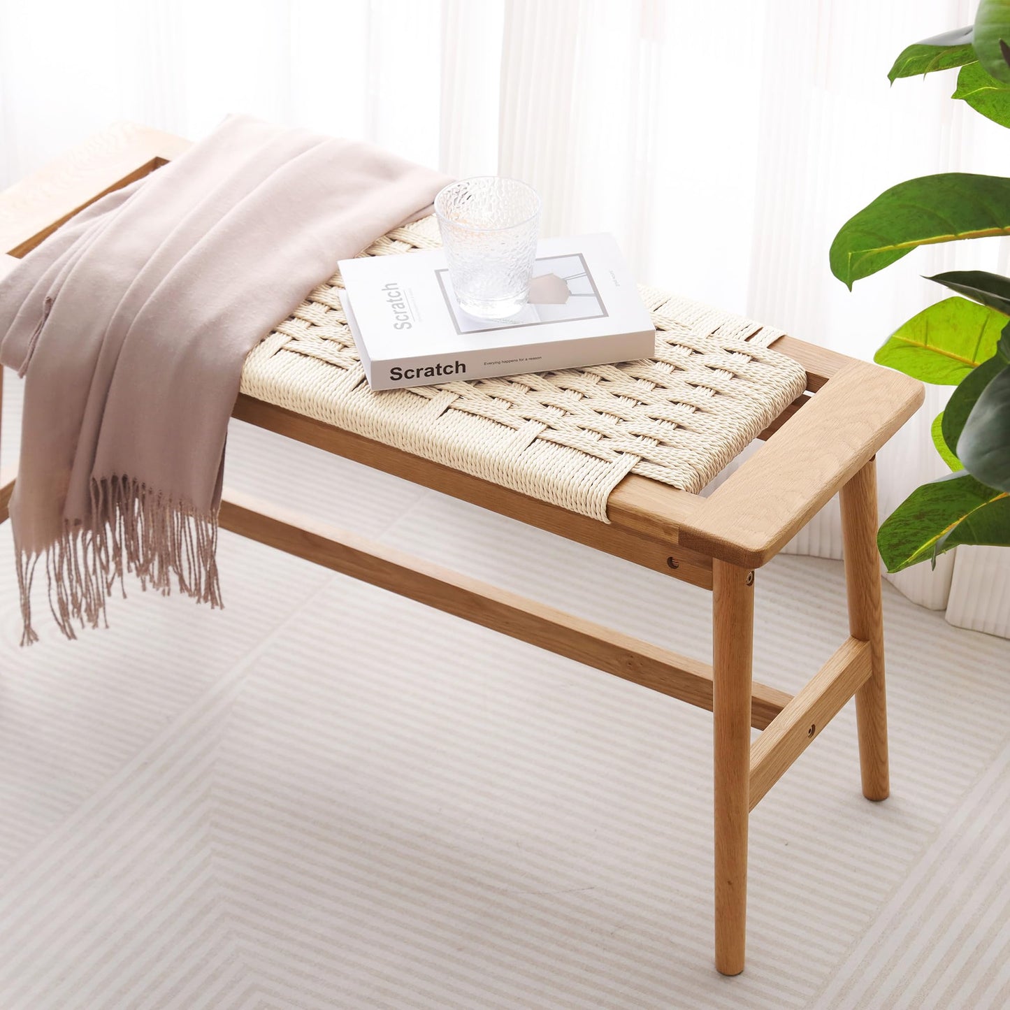 OGMILL 33.5" L Wood Dining Bench Indoor, 100% Natural Solid Oak Bed Bench Hand Woven Enterway Bench Small Bench for Dining Room, Bedroom, Kitchen (Creamy White)