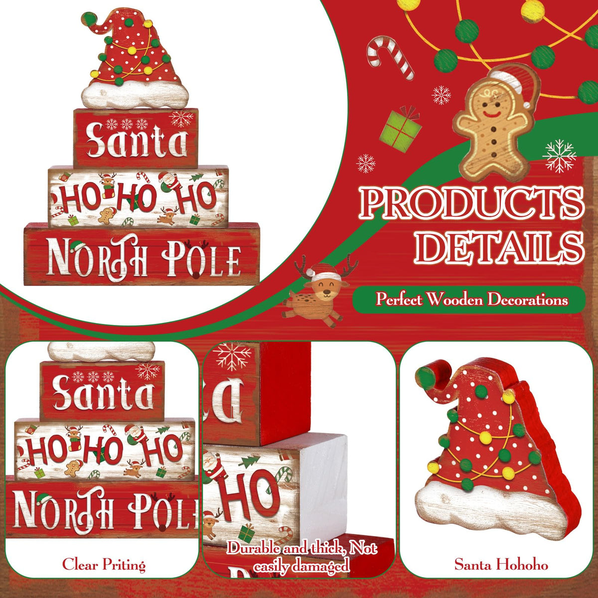 Moucuny 4 Pcs Christmas Table Sign Christmas Hat Wooden Decorative Signage Xmas Tiered Tray Decor Winter Centerpieces Farmhouse Wooden Block Set Xmas Table Sign for Home
