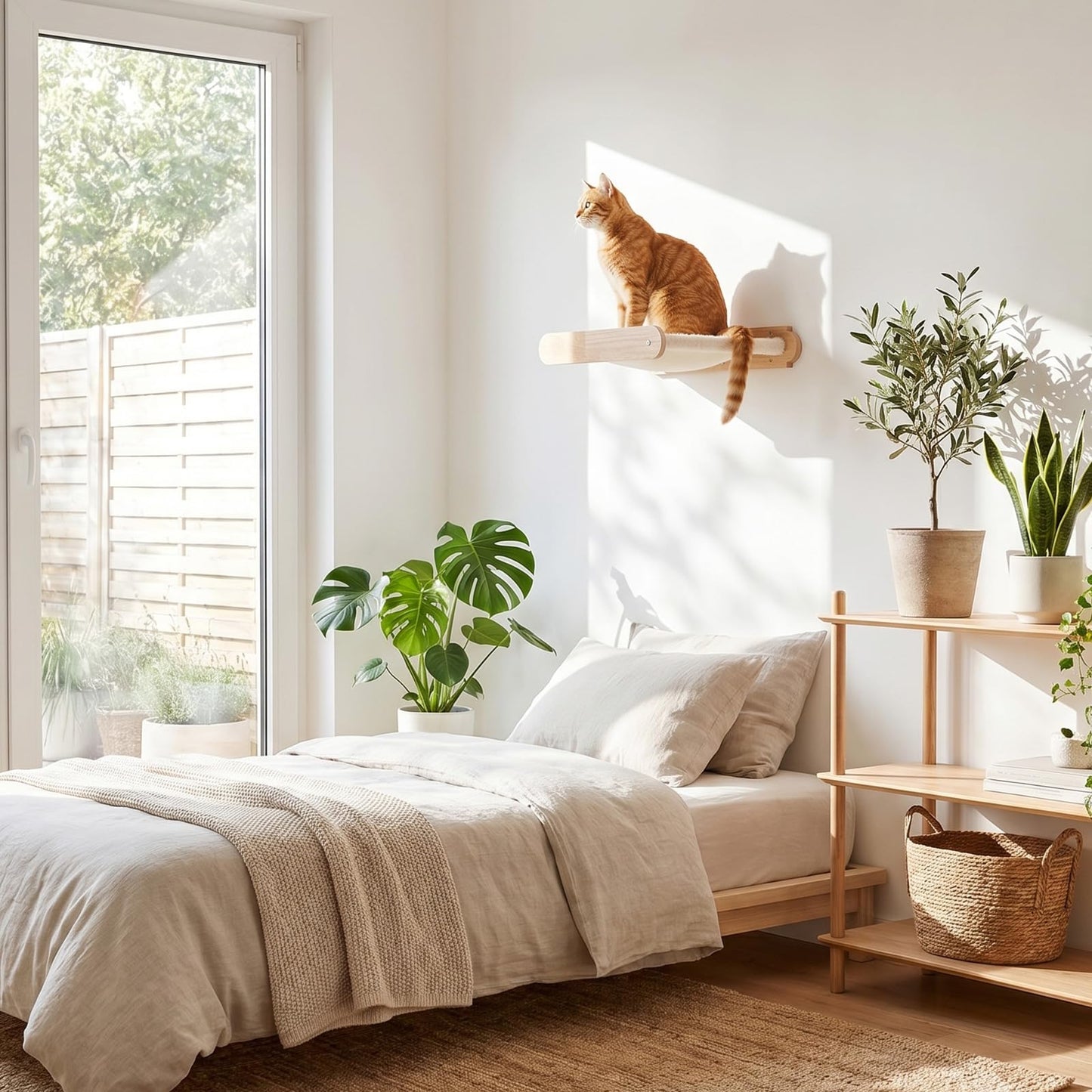 HOOBRO Wooden Cat Hammock with Soft Fabric, Cat Shelves & Furniture, Wall Mounted Cat Beds and Perches for Lounging, Playing, Sleeping, Holds up to 40 lb, Easy to Install, Natural NL03CS03N2