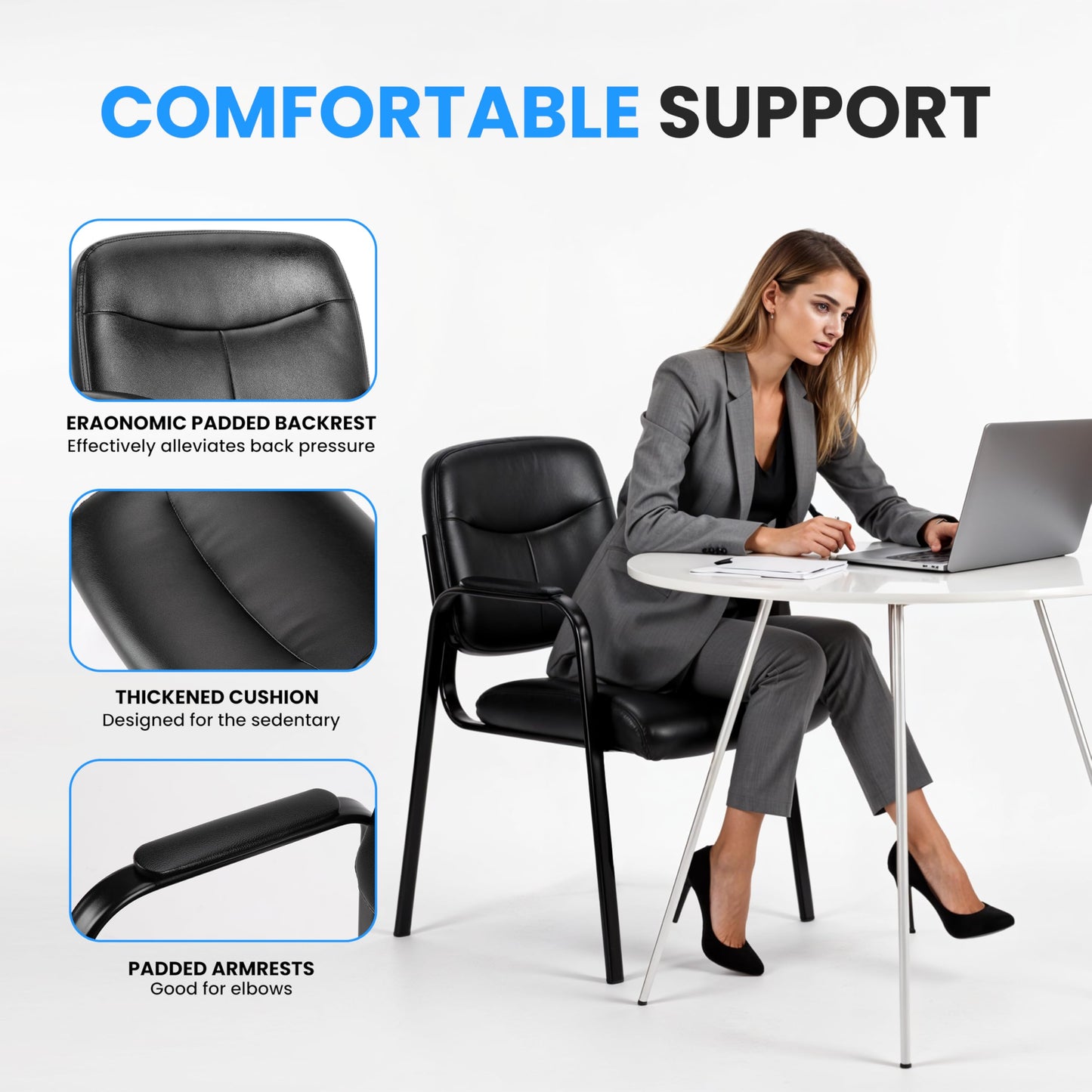 Simple Deluxe Leather Guest Chair with Padded Arm, Waiting Room Chairs Stationary Rest for Reception Area Conference Room Lobby Home Computer Desk Bedroom Elderly, 2 Pack