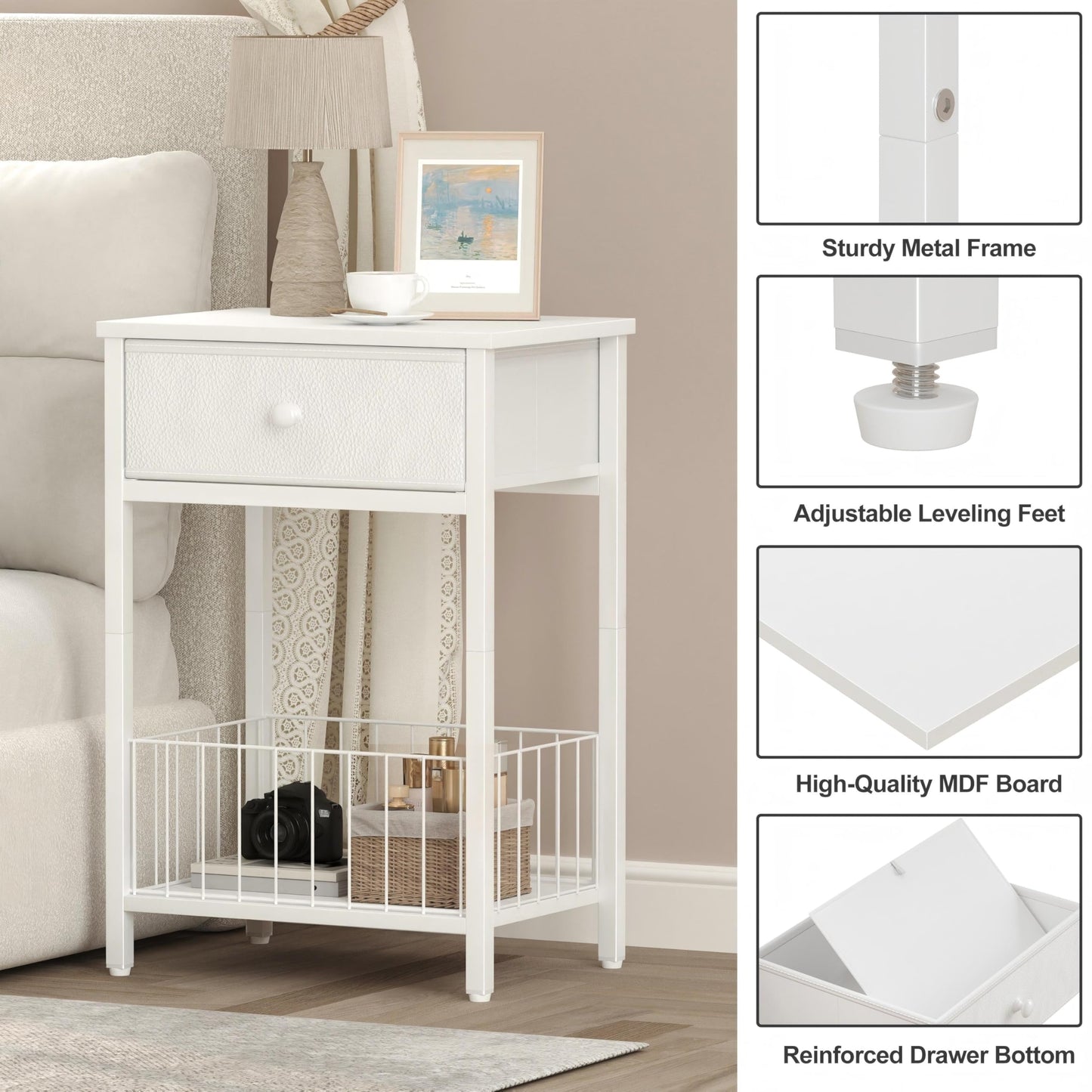VAFEKOL White Small nightstand, White Nightstand, Side Table for Small Spaces, 2 Tiers Storage Shelves End Table, Night Stand for Living Room, Bedroom, Dorm LNT0061W