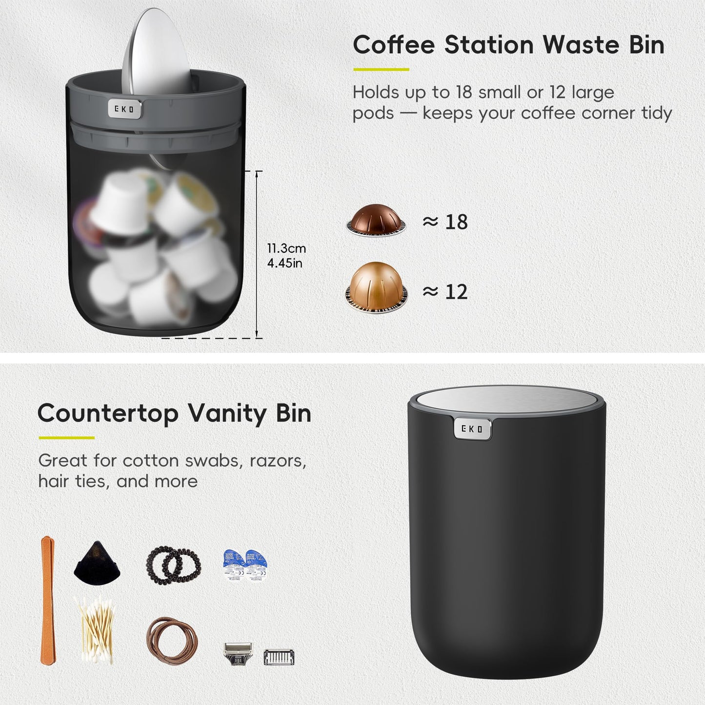 EKO Fandy 0.58 Gal/2.2L Mini Trash Can with Lid, Swing-Top Desktop Trash Can for Bathroom, Countertop, Vanity, Desk or Office, Small Garbage Bin (Black)