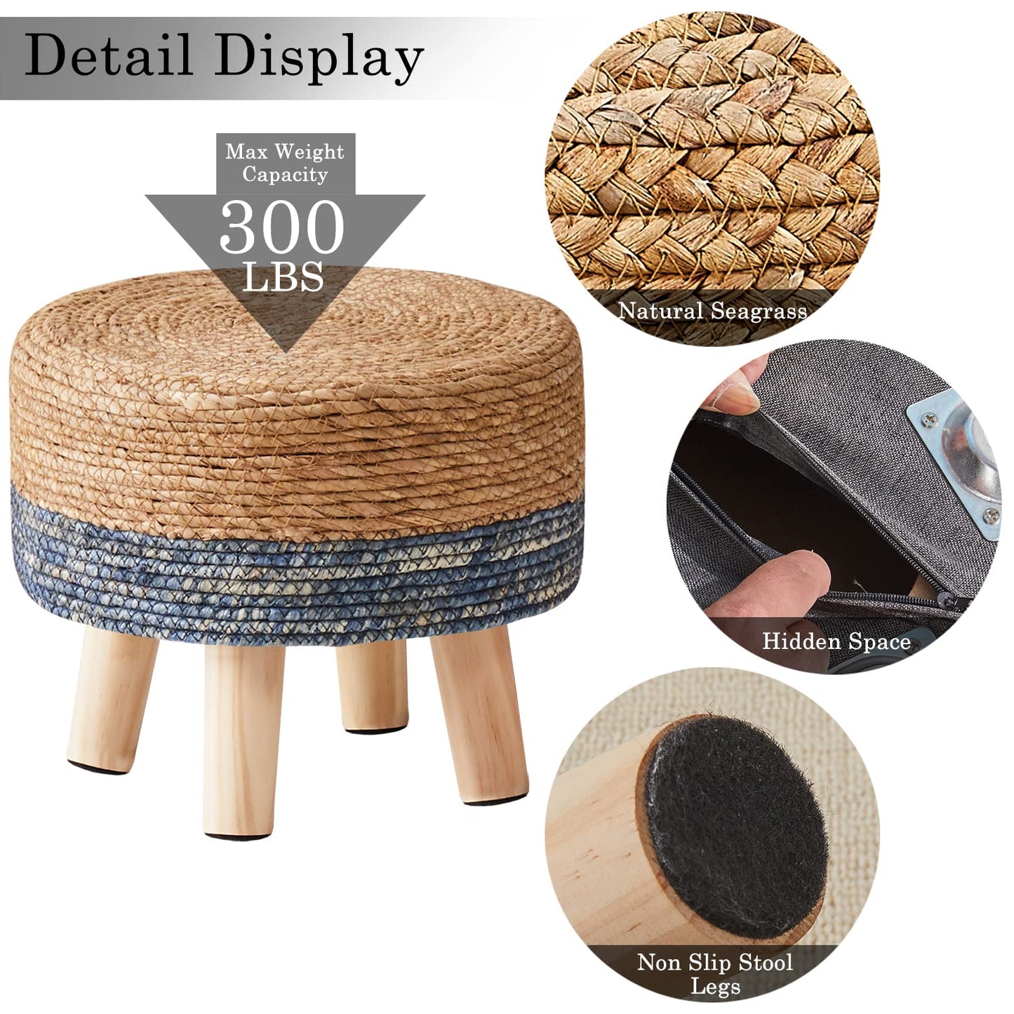 Cpintltr Foot Stool Natural Seagrass Hand Weave Poufs Round Ottoman for Couch Desk Soft Step Stool Padded Foot Rest with Non-Skid Pine Legs for Hallway Office Lounge Natural/Blue