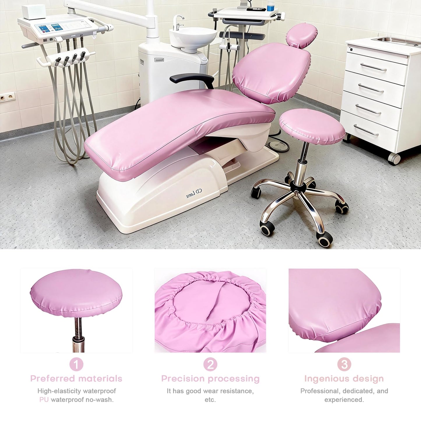 buyzg 5Pcs Dental Chair Covers Set - Waterproof & Non-Slip PU Leather Elastic Full Covers with Foot, Seat, Headrest & Backrest Protectors for Dental Clinic Chairs(Pink)
