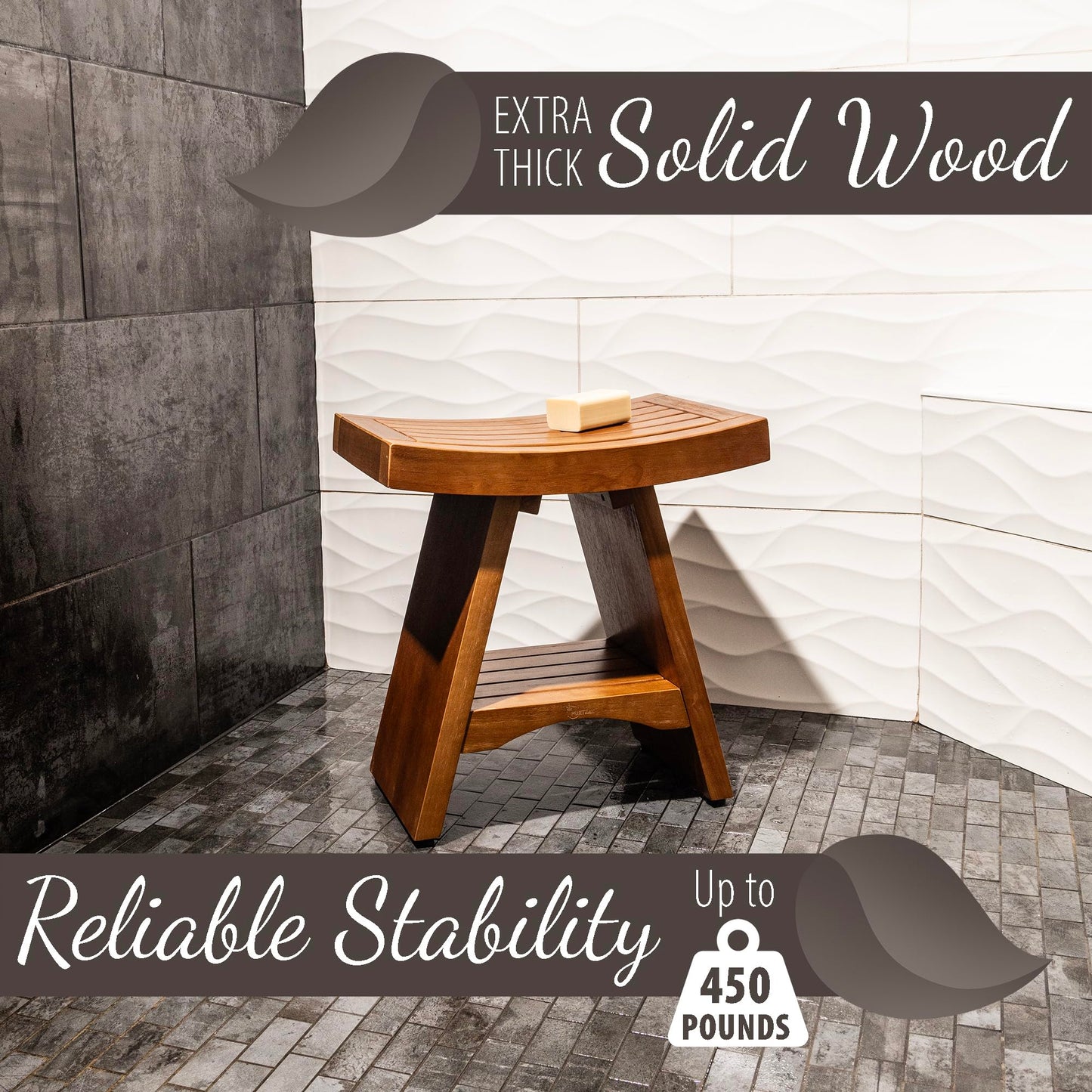 Purteak Teak Shower Bench, 450 Pound Capacity Shower Stool, Water Resistant 18 Inches Solid Wood Seat, Teak Wooden Stool for Inside to Sit On, Extra Sturdy and Slip Resistant Seat
