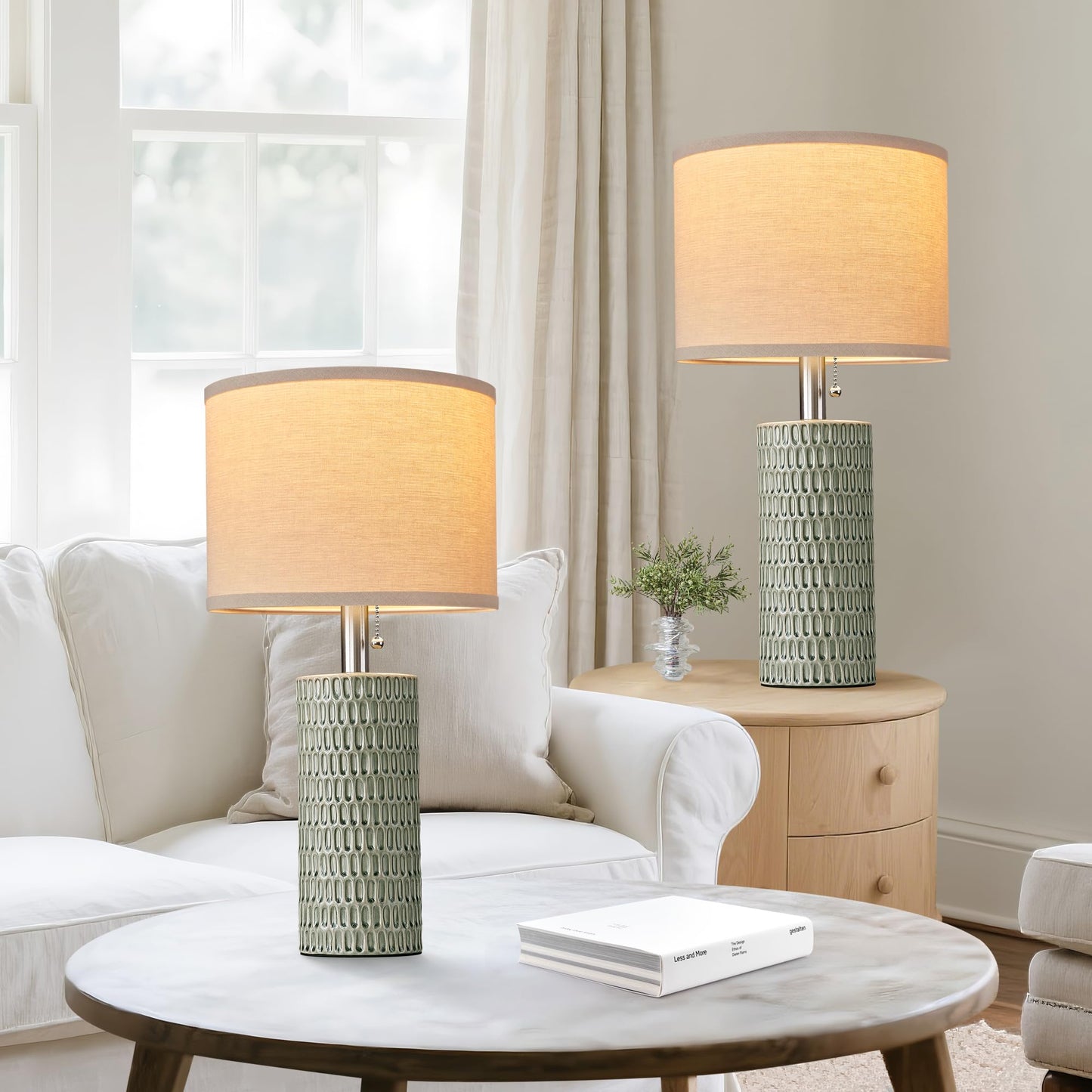Reaketon 20.5" Modern Ceramic Table Lamps for Bedroom Set of 2, Bedside Lamps for Night Stands with Beige Lampshade, Farmhouse Table Lamp for Living Room Office Dorm, Light Green