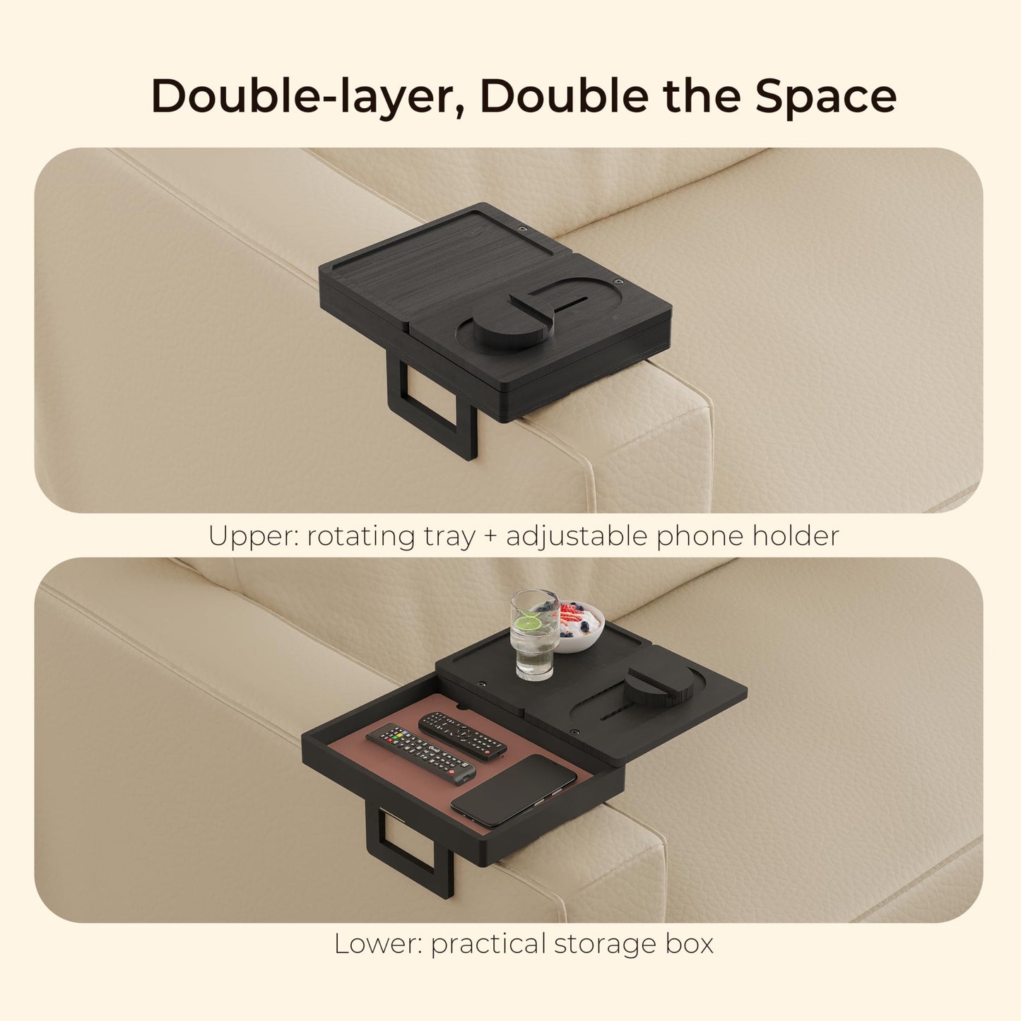 Wealone Black Couch Arm Tray with 2 Rotatable Tray, Adjustable Sofa Arm Clip Table with Storage Box & 360° Phone Holder, Bamboo Couch Armrest Table for Snacks, Drinks or Dining