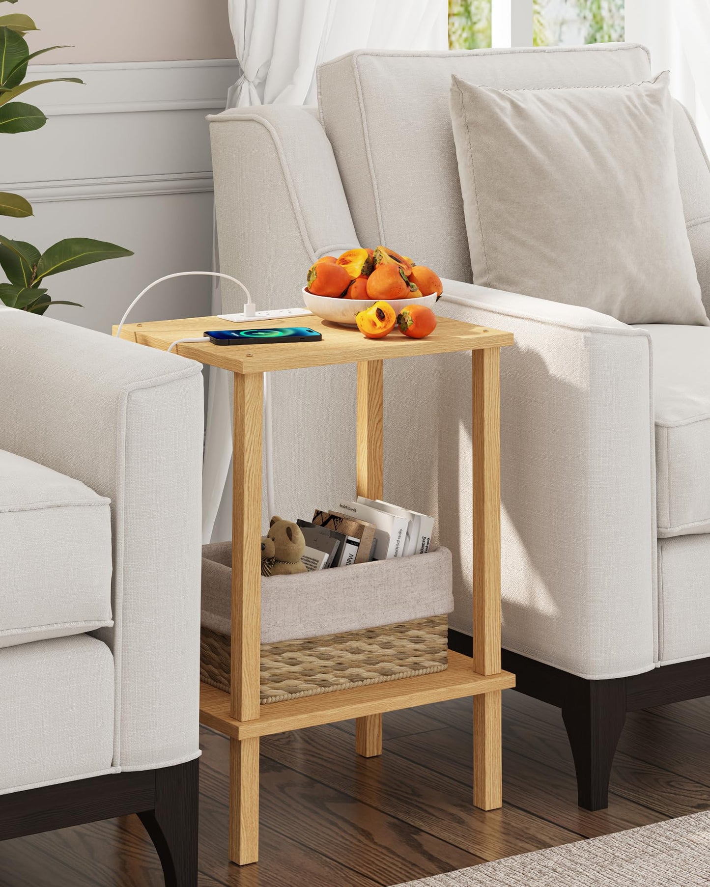 TUTOTAK End Table with Charging Station, Small Side Table with Outlets, Nightstand Bedside Table, 2-Tier Storage Shelf for Small Space, Living Room, Bedroom, Natural TB01BN040