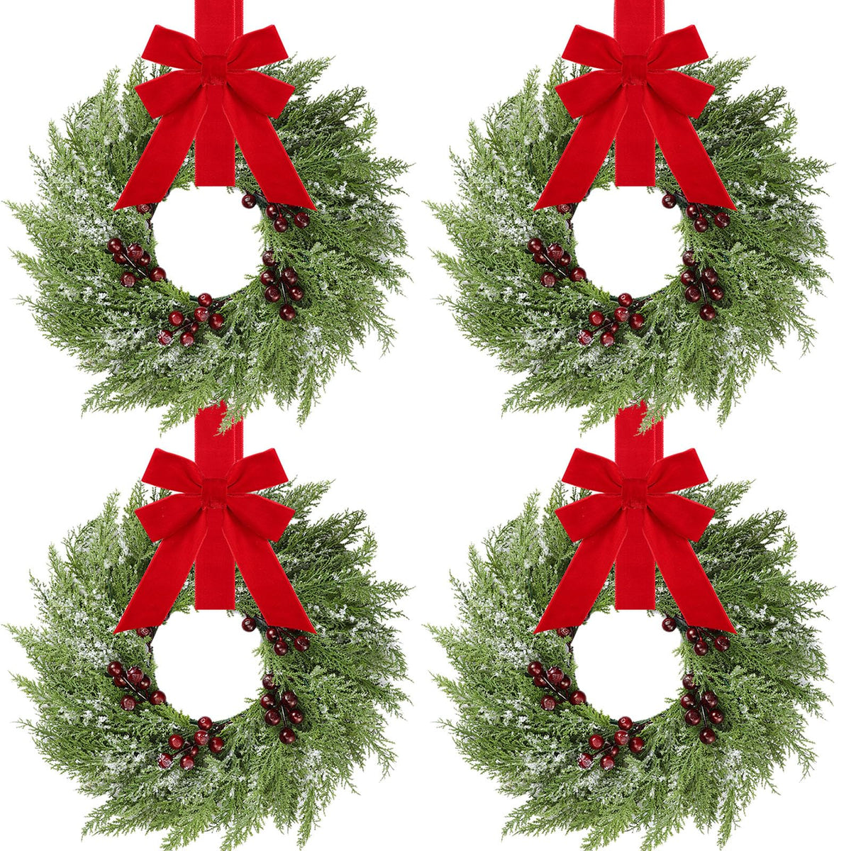 4 Pcs Small Christmas Norfolk Wreaths 15 Inch Christmas Kitchen Cabinet Mini Wreath with Bow Ribbon Cedar Berry for Xmas Front Door Window Chair Fireplace Table Pillar Farmhouse
