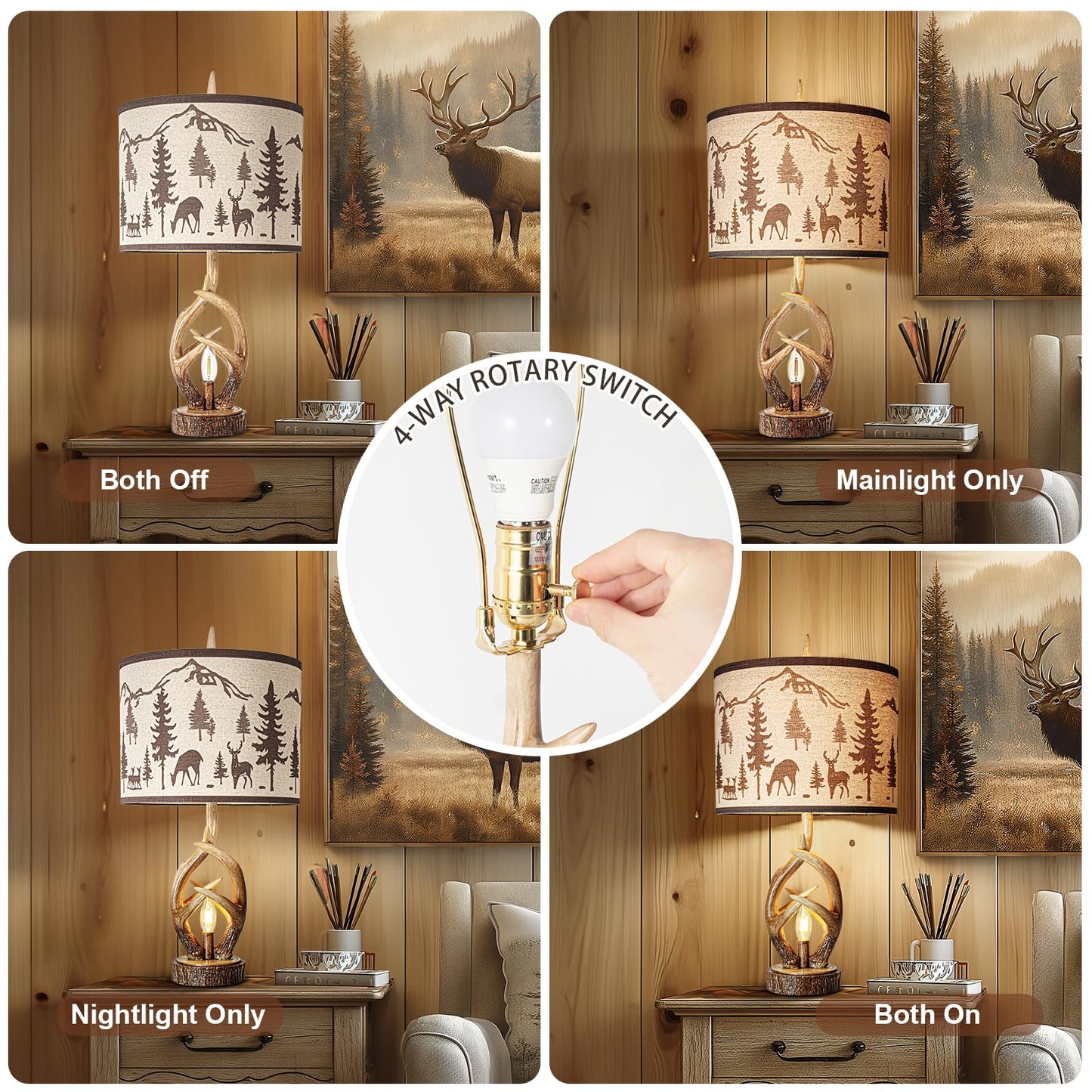 Scenekoy Antlers Style Table Lamp Set of 2 Rustic Bedside Lamp with Night Light Linen Fabric Shade Farmhouse Nightstand Lamps Decor for Living Room Bedroom House Home Office (Bulb Included)