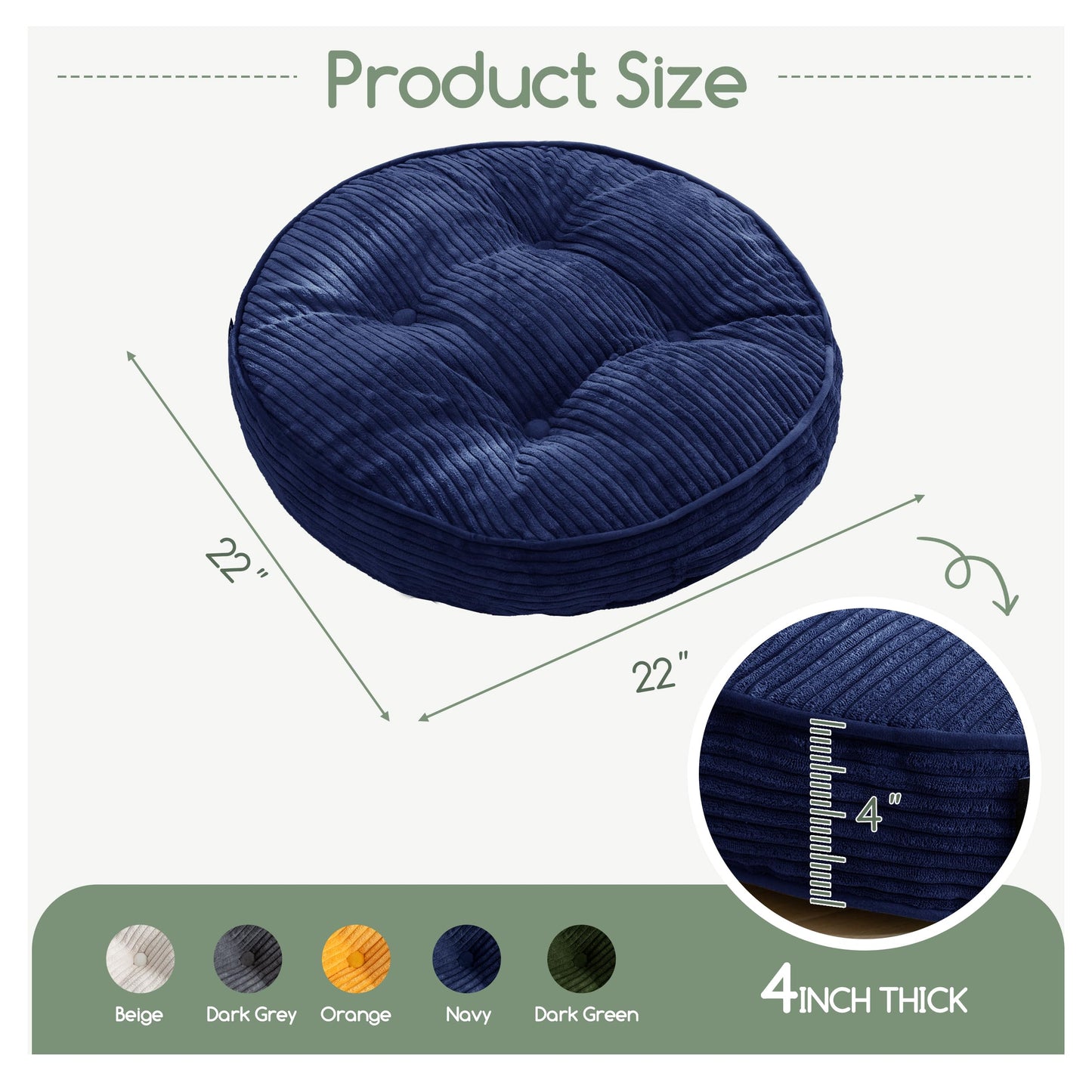 HIGOGOGO Floor Pillow Cushion for Adults, Meditation Cushion Pillow, Large Round Floor Sitting, Tufted Corduroy Cover, for Tatami Living Room or Yoga, 22x22 Inch, Navy