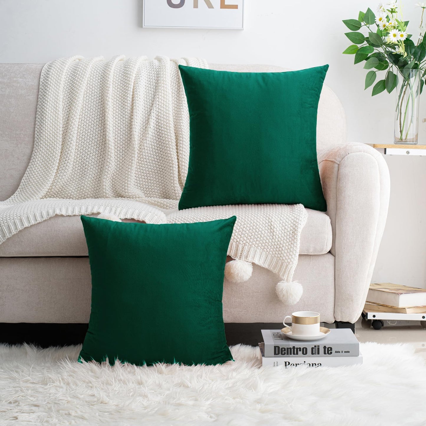 HWY 50 Dark Green Velvet Throw Pillow Covers 18x18 Inch, Pack of 2 Soft Cozy Solid Decorative Luxury Cushion Cases for Couch Sofa Bed Living Room Bedroom