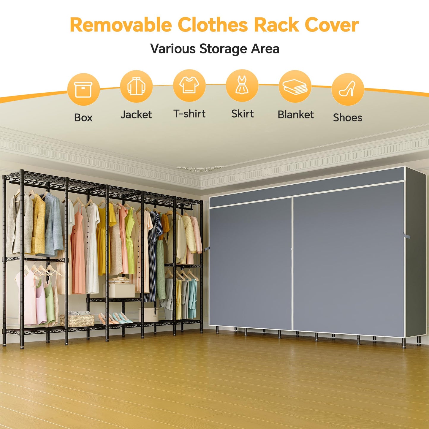 Higeego 94.5"W Heavy Duty Garment Rack with Cover, H5C Large Clothes Rack with Adjustable Shelves and Hanging Rods Dustproof Closet for Storage and Organizer, Black Rack with Grey Cover, Load 1400 lbs