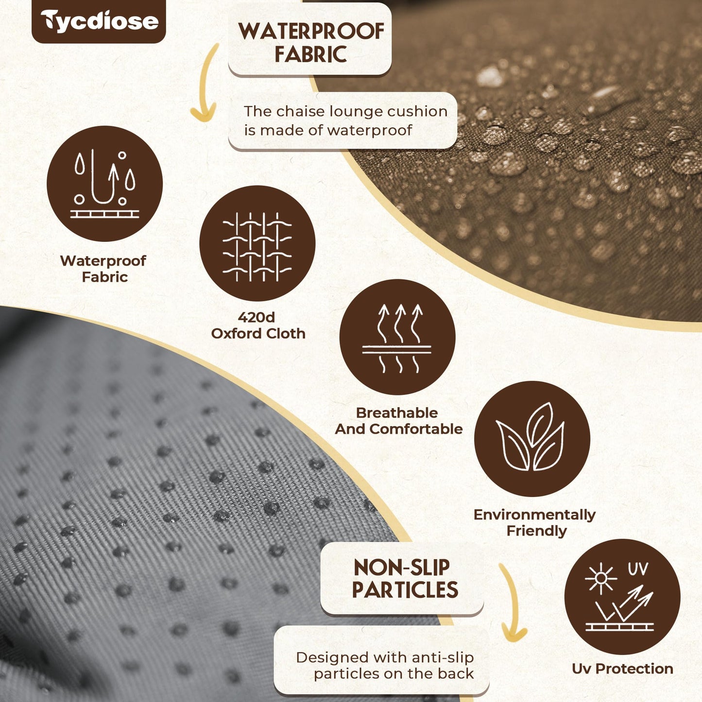 Tycdiose Waterproof Outdoor Chaise Lounge Chair Cushion 74.4 x 22 x 4.7 Inches Memory Foam Lounge Chair Cushions for Outdoor Furniture with Ties, Thickened Pool Chaise Lounge Chair Cushions, Brown