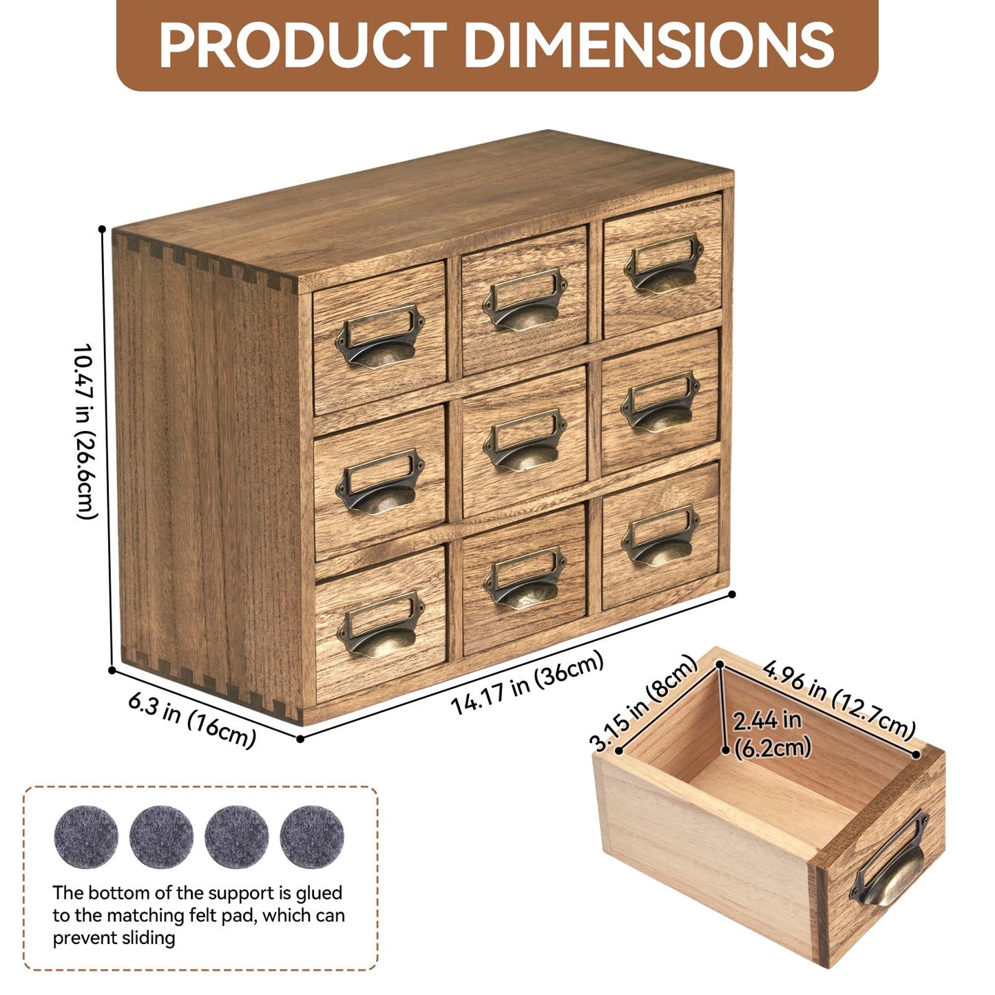 KIRIGEN Wooden Desk Storage Cabinet with 9 Mini Drawers, Solid Wood Desktop Organizer with Metal Label Handles for Office Supplies, Crafts, Tea Bags, Makeup, Brown 9CG-DBR