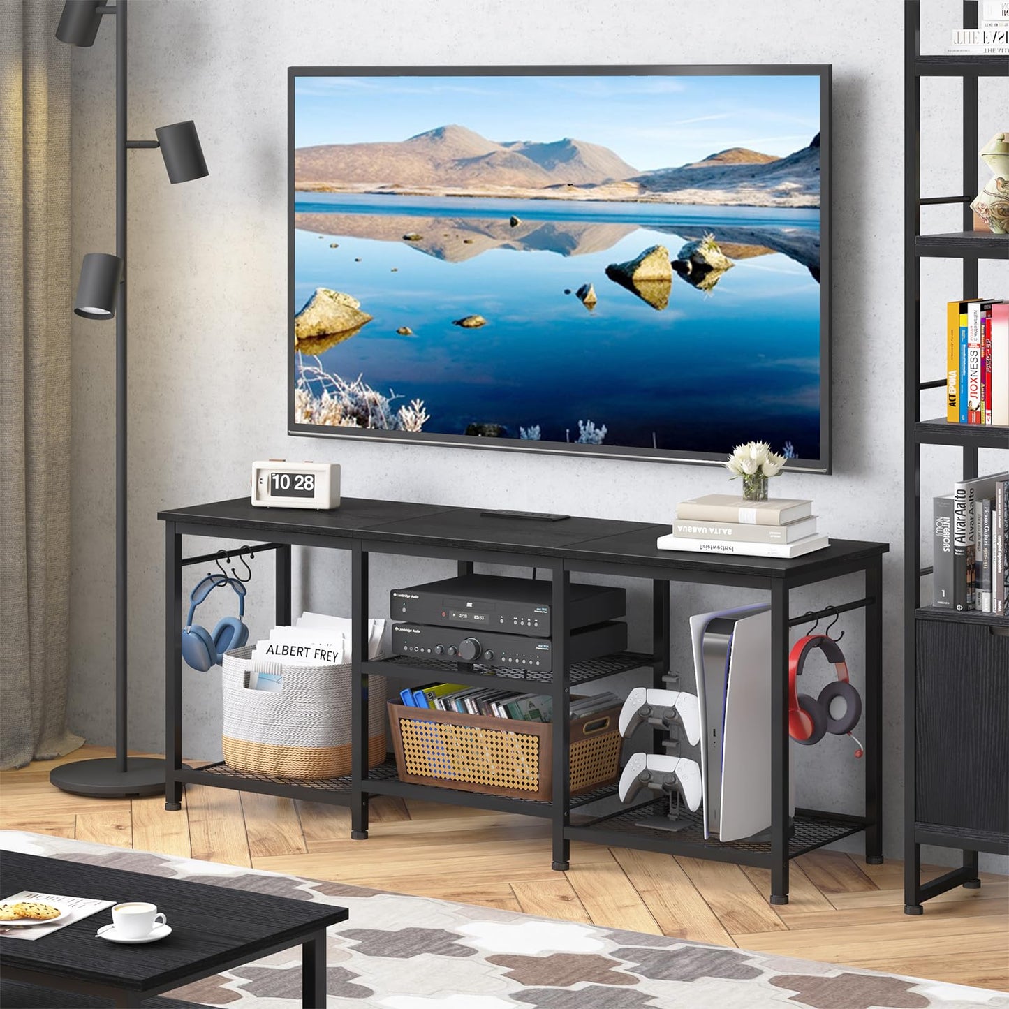 YGEOMER TV Stand for Tvs Up to 55 Inch, Entertainment Center with Power Outlet and Open Storage Shelves, TV Console Table for Living Room Bedroom, Black