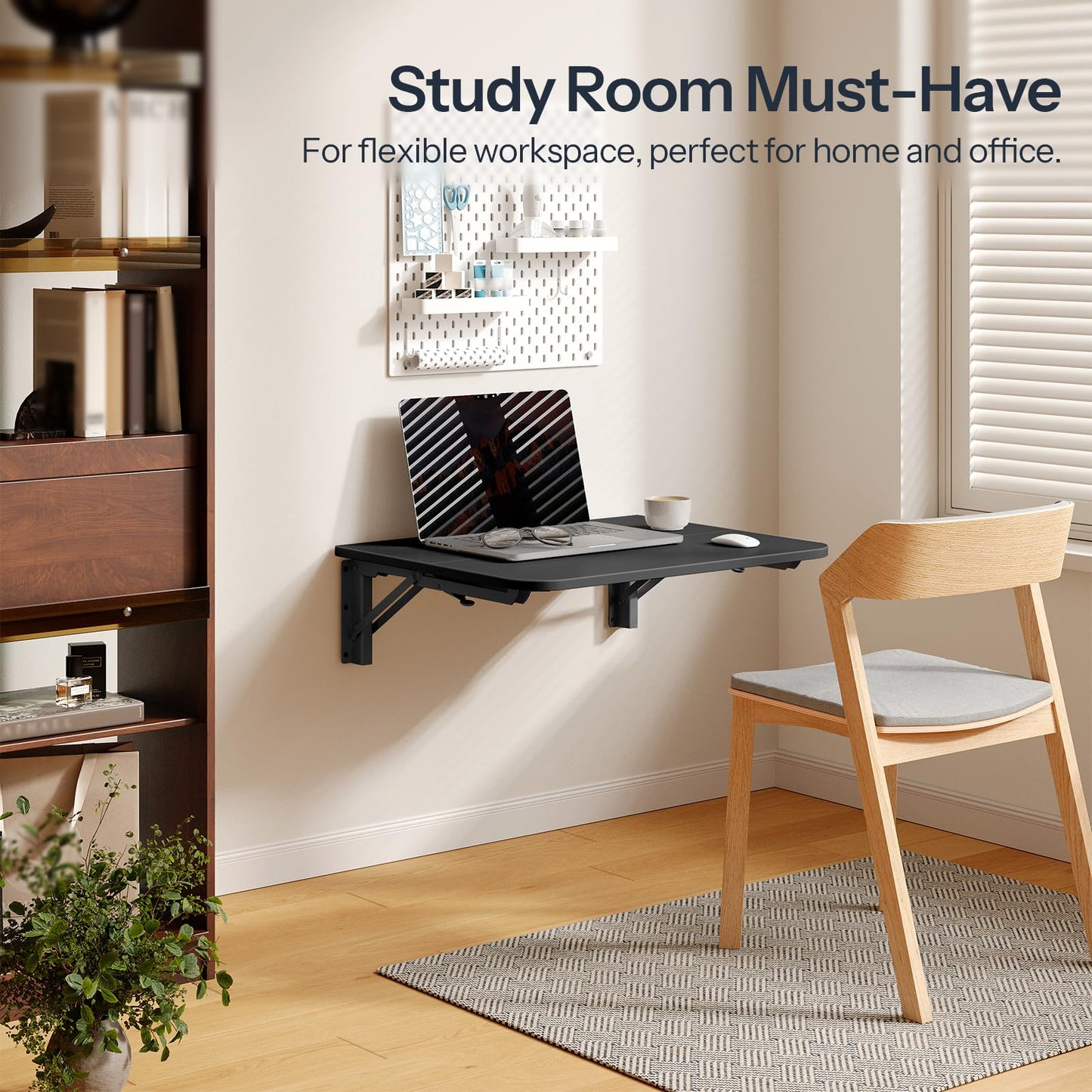 HOOBRO Folding Table, Wall Mounted Floating Desk with Iron Bracket, Drop Leaf Table for Small Spaces, Kitchen, Laundry Room, Home, Office, Black BK054BZ01