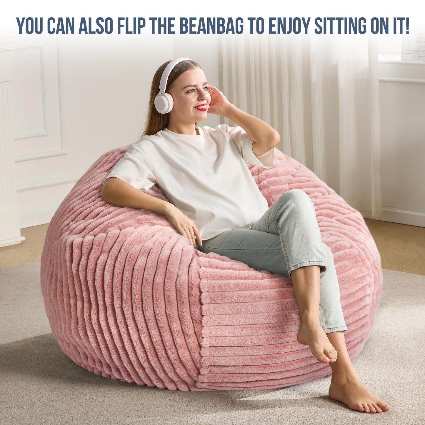 3ft Bean Bag Chairs for Adults Large Beanbag Chair with Stripe Plush Cover Big Bean Bag Chair for Living Room Bedroom Dorm Office