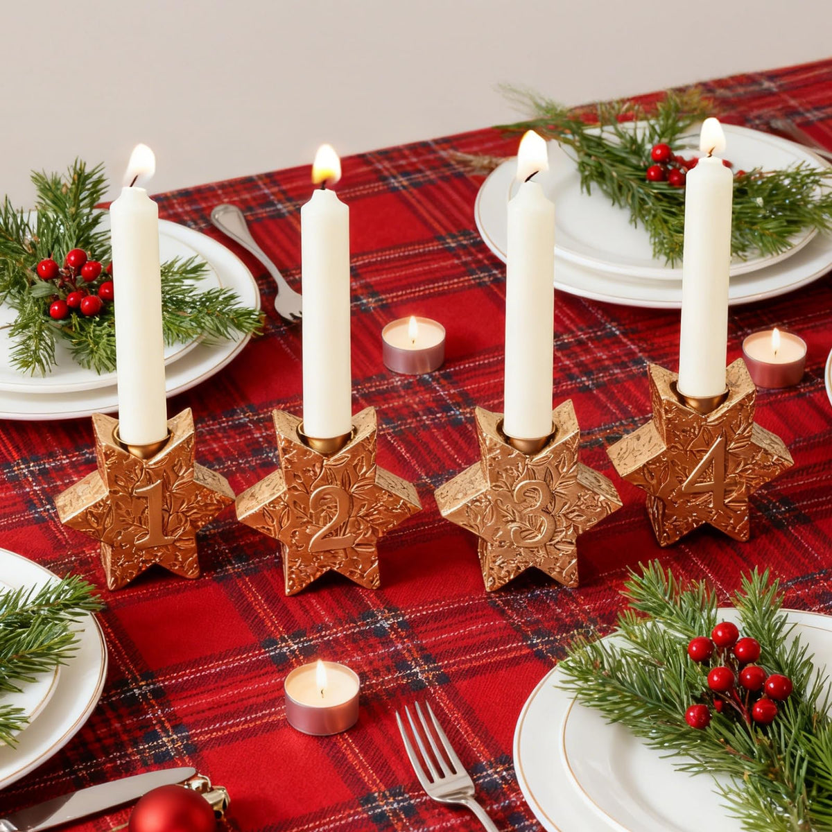 WDS WONDROUS Christmas Candle Holders Snowflake – Set of 4 Gold Star Candlestick Holder Hexagon, Taper Candle Holders for Christmas Table Centerpieces, Xmas Home Decor