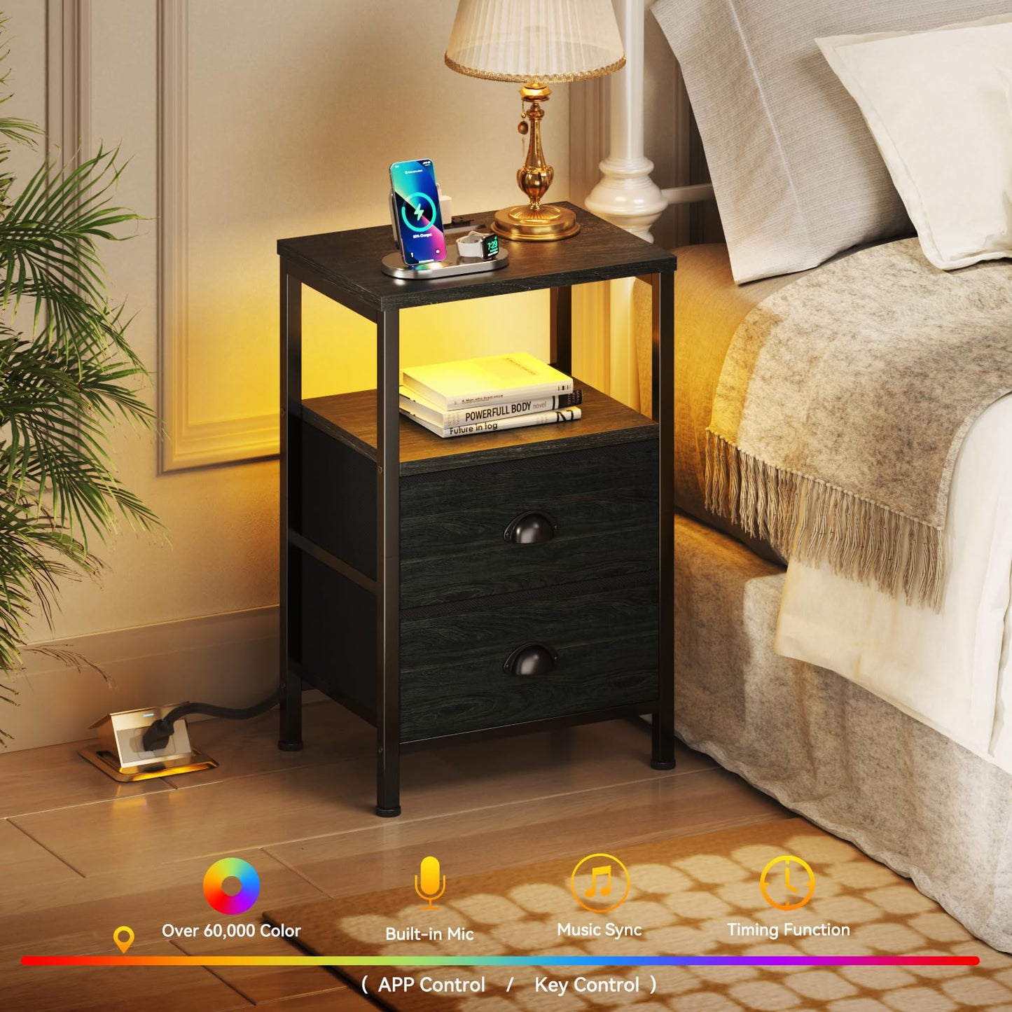 Furologee Nightstands with Charging Station, End Table with LED Lights, Black Night Stands with 2 Fabric Drawers, Bedside Tables with Shelves for Living Room/Bedroom,Black Oak