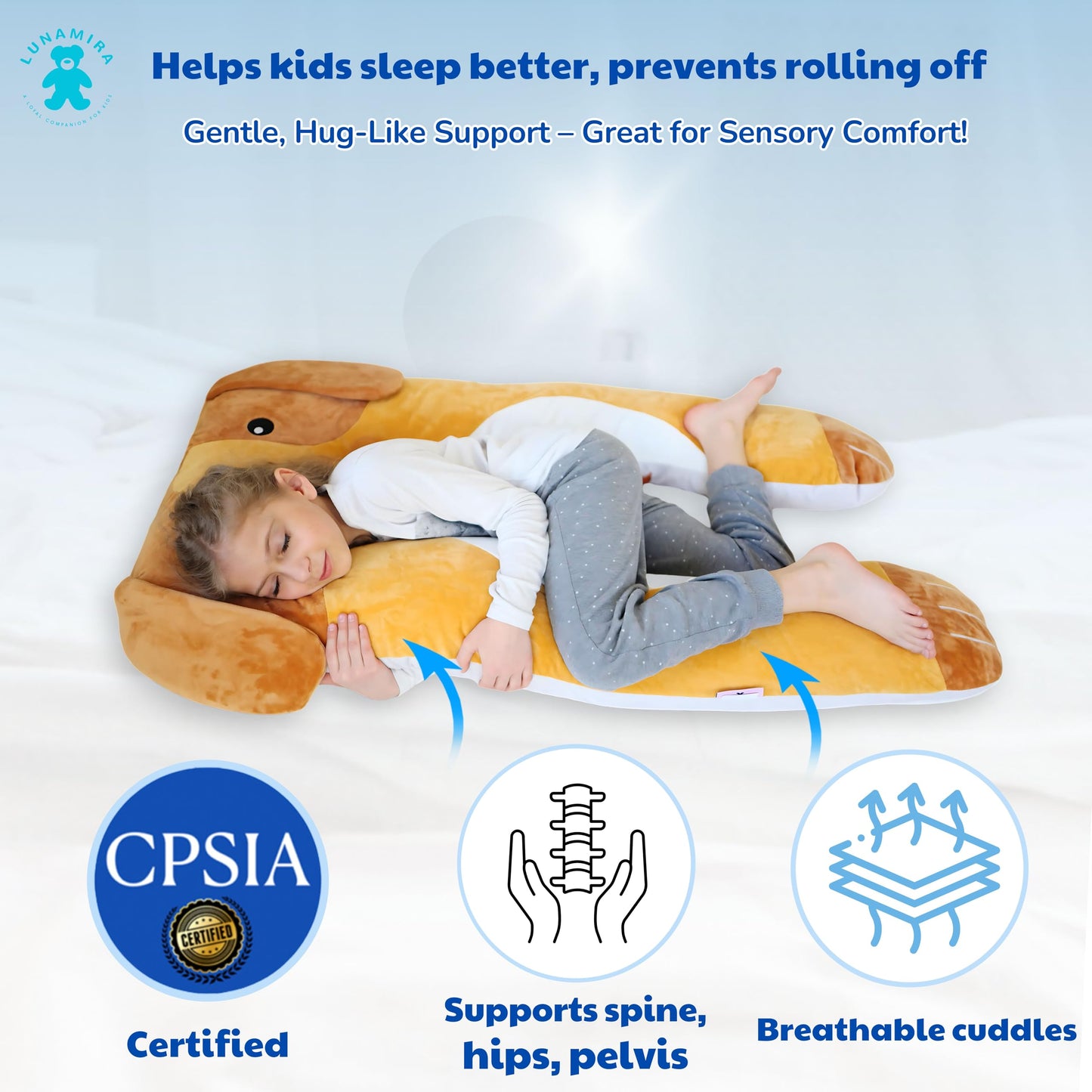 LUNAMIRA Dog Kids Body Pillow - 47" U-Shape Long Plush Soft Animal Pillow for Sleeping, Reading, ADHD & Special Needs Comfort, Anxiety, Washable Cover, Snuggle Fun Cuddle Pillow for Boys & Girls