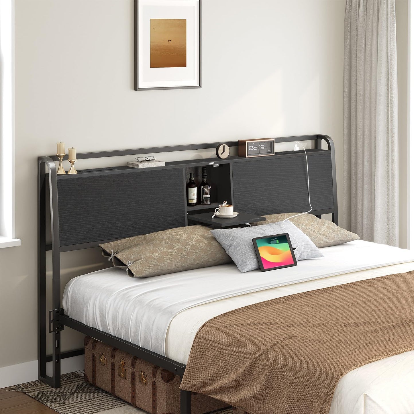 MAHANCRIS Headboard Queen Size Only, Headboard with 2 Power Strips, Industrial Head Board with Flip Door and Bed Frame Adapter, Height Adjustable, Black