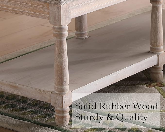 Farmhouse Storage Bench Wooden Entryway Upholstered Tufted Ottoman Bench